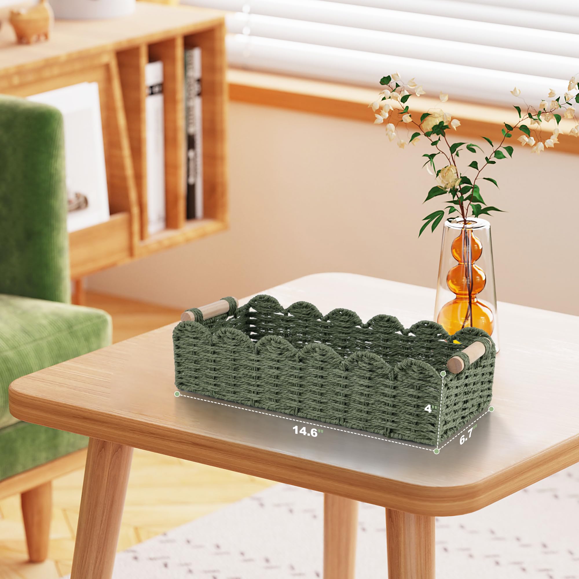 Scalloped Basket Toilet Organizer:Compact Moisture-resistant Storage for Tank & Nursery - Elegant Boho Handwoven Decor (Paper Ro