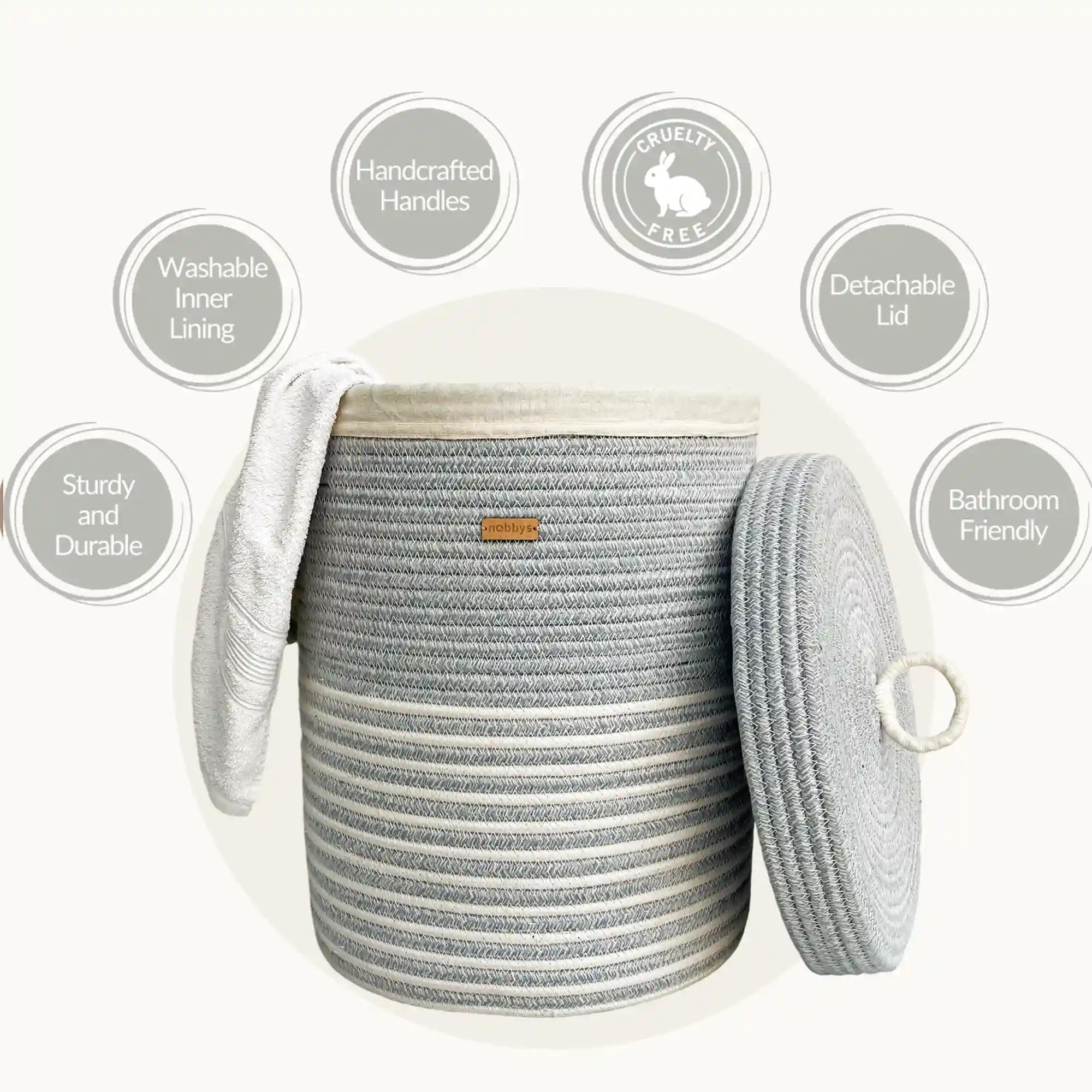 Nobbys Cotton Laundry Basket with Lid and Bottom Spacers - Pastel Blue - (14D x 18H) (2024 Edition)