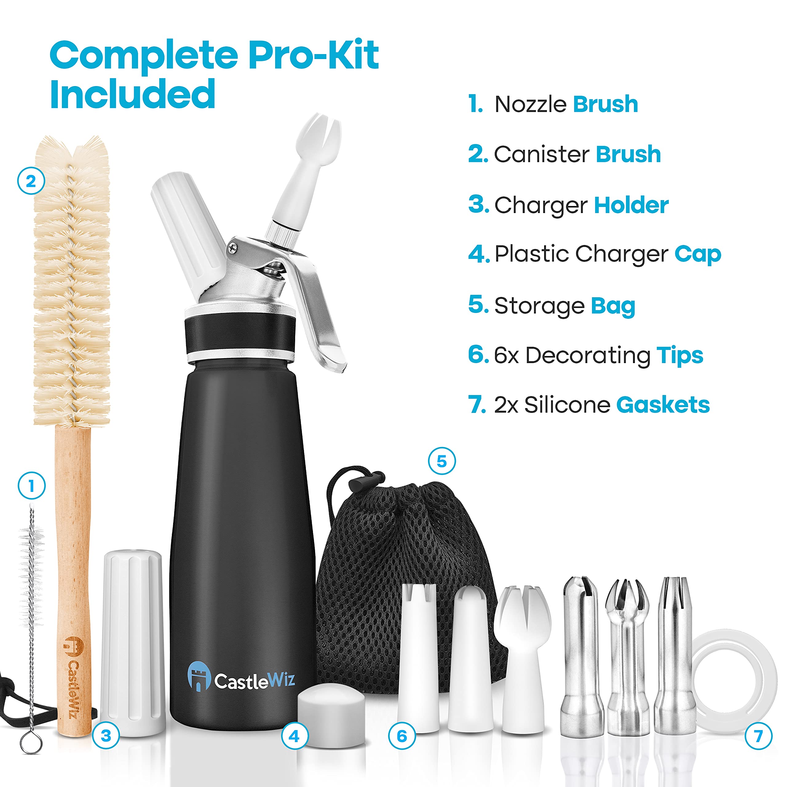 Whipped Cream Dispenser - Ultra Durable Leak-Free Grade 6 Aluminum Whipping Cream Dispenser - 6 Decorating Tips & 2 Cleaning Bru