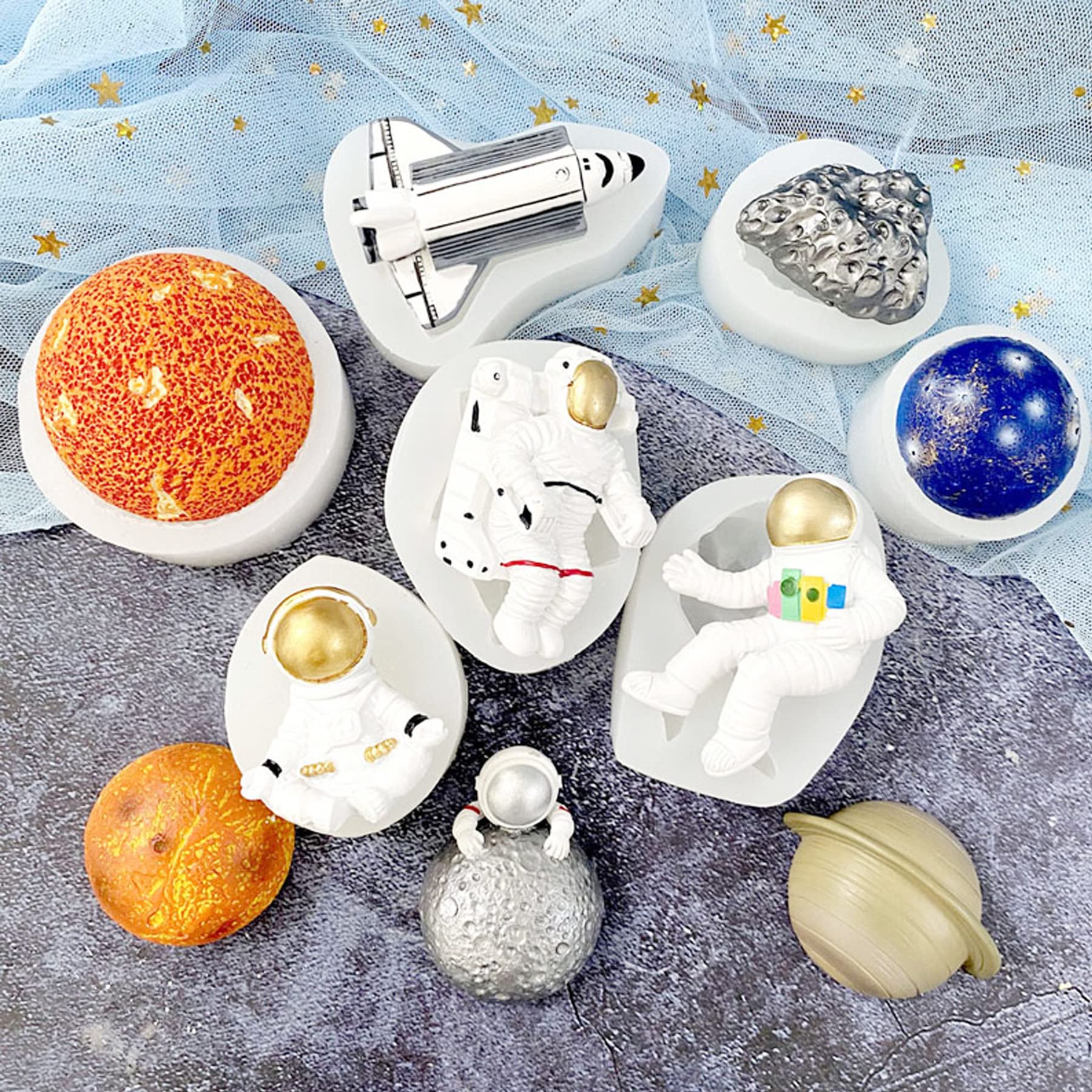 Woohome 9 Pcs Astronaut Fondant Silicone Molds, Spaceship Astronaut Silicone Molds For Baby Shower Cupcake, Cake Decoration Choc