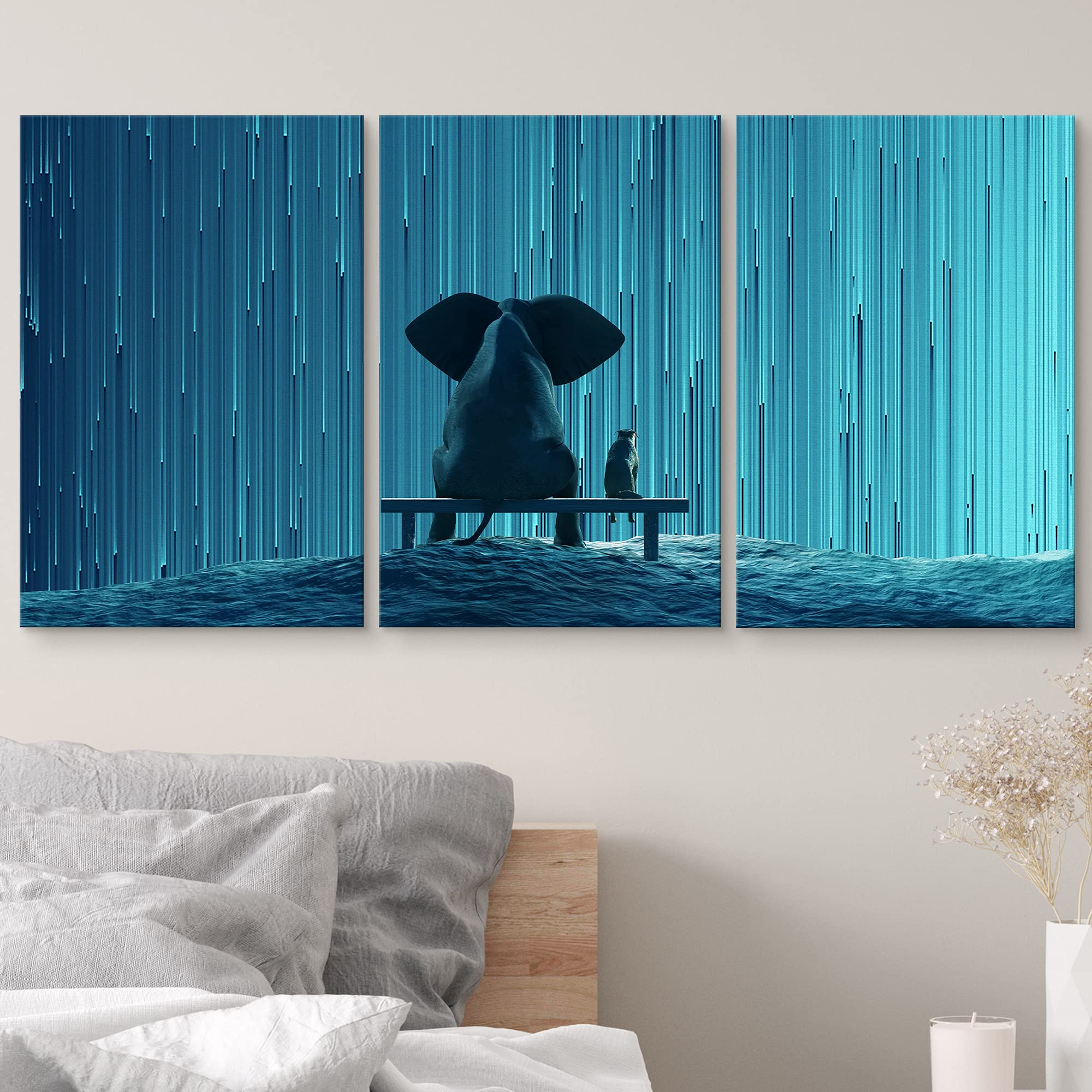 Wall26 Canvas Print Wall Art Set Elephant & Dog With Geometric Star Rain Astronomy & Space Sky Illustrations Realism Landscape C