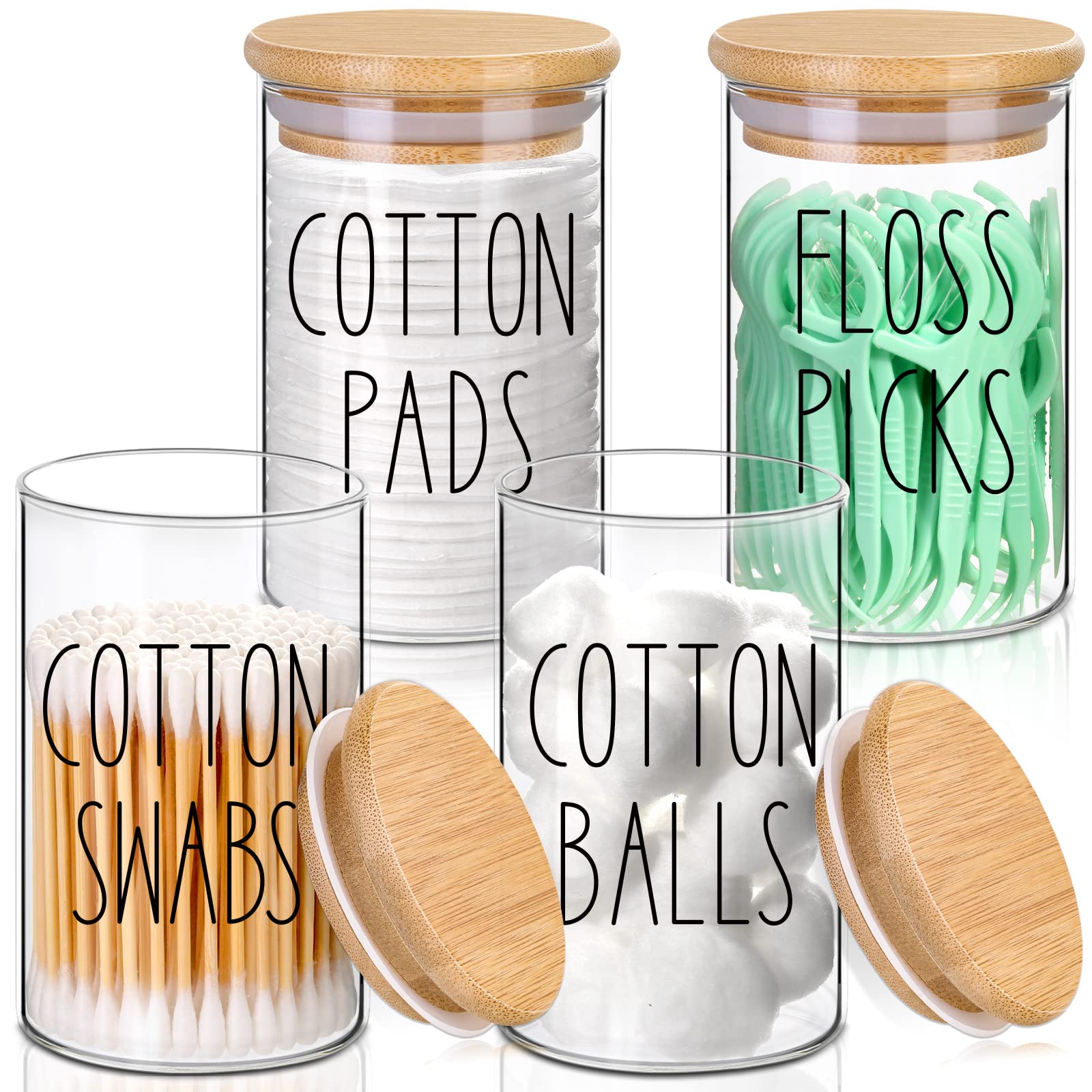 4 Pack Qtip Holder With Lid Set, 10Oz Clear Glass Canister Apothecary Jars Bathroom Organizers And Storage Accessories Vanity Es