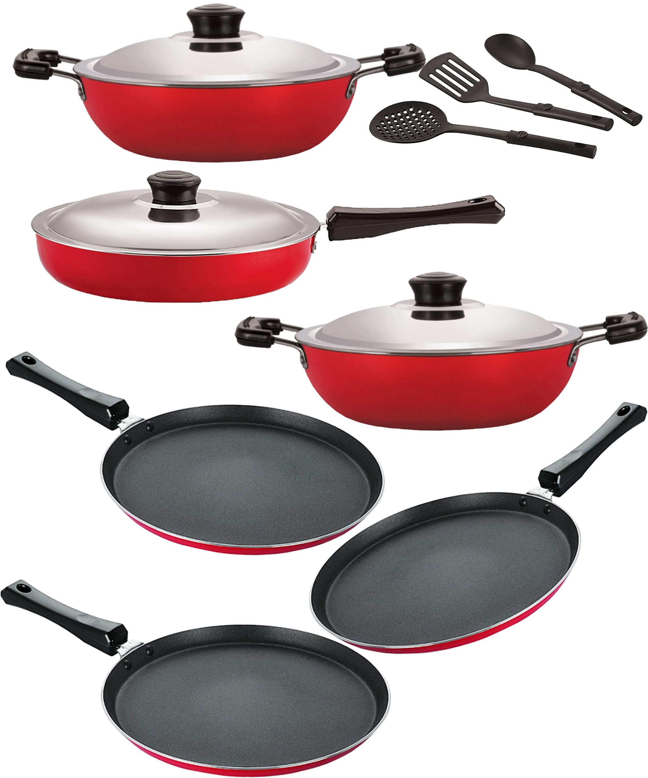 Nirlon Non Stick Cookware Pots And Pans Set Of10 Pieces (26Mm_Dkd(J)_Dkd(B)_Dkd(M)_Ft11_Ft12_Ft13_Fp12_3Spoon)