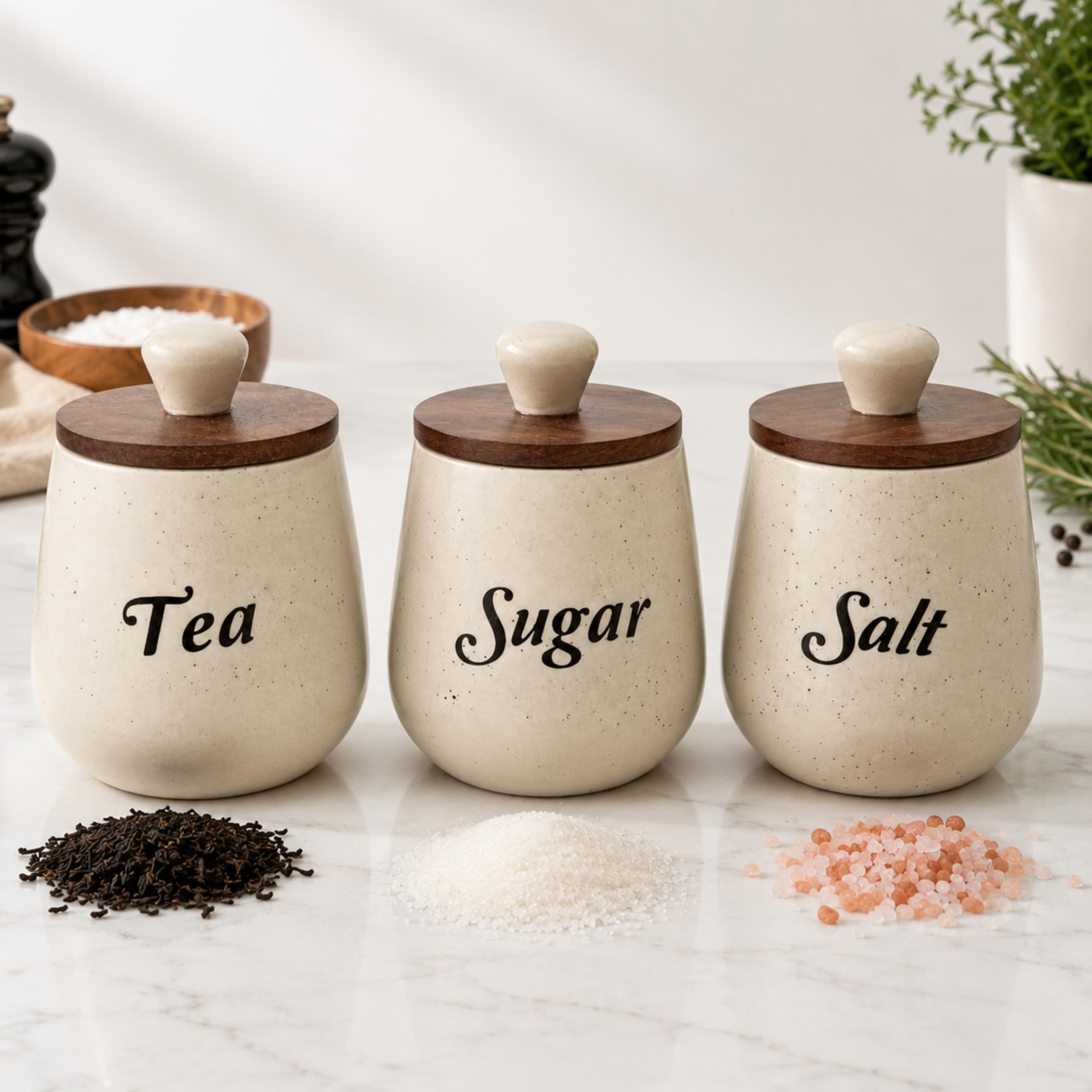 Craftshila Ceramic Tea Sugar Salt Containers Set Of 3 With Wooden Lids | Jar & Container For Kitchen Storage Set | Multi Utility
