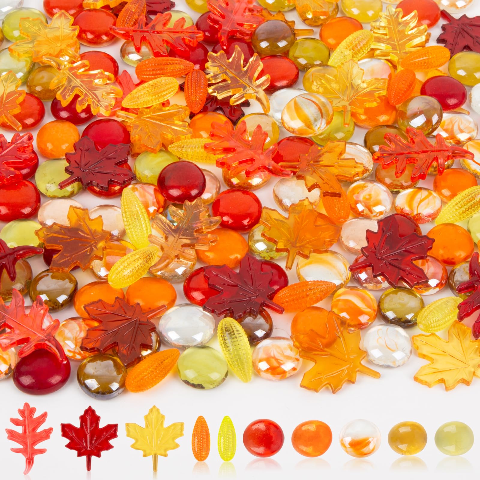 Fall Decor Sensory Bin Filler 100PCS Thanksgiving Vase Filler Acrylic Gems Autumn Leaves Corn Gems, for Fall and Thanksgiving Ta