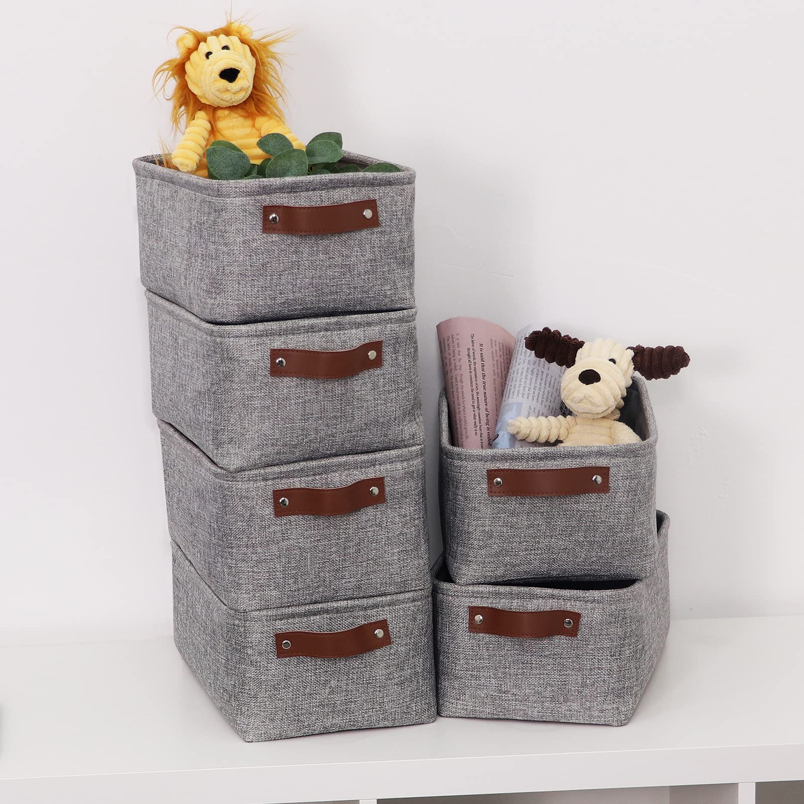 HNZIGE Small Storage Baskets for Shelves(6pack) Foldable Fabric Storage Baskets  Empty Gift Baskets with Leather Handles  Decorative Storage Baskets for Organizing Closet (Gray  11.8'' x 7.8'' x 5.1'')