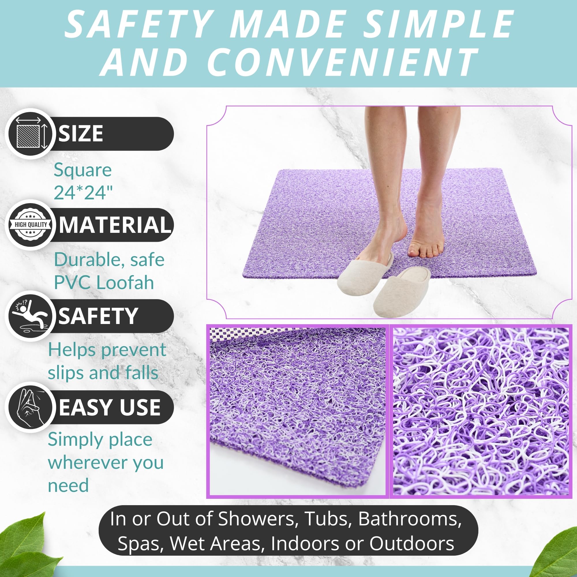 Enkosi Square Shower Mat Non Slip - Loofah Shower Mats For Showers Anti Slip - Bathroom Shower Mat - In Stall Shower Mat - Fast