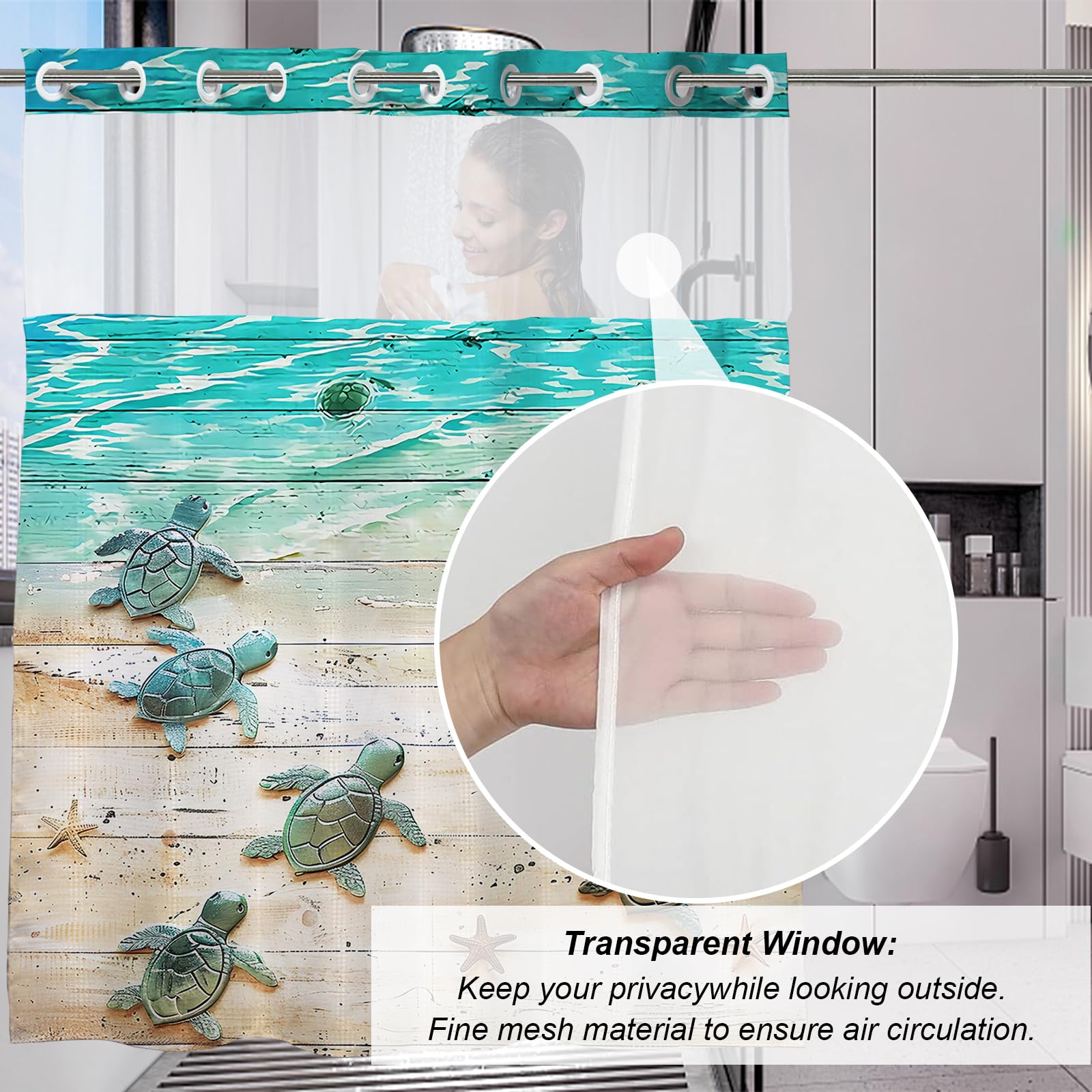 Final Friday Nautical Green Beach Sea Turtle Theme No Hook Waffle Weave Shower Curtain With Snap In Liner Nautical Blue Bathroom