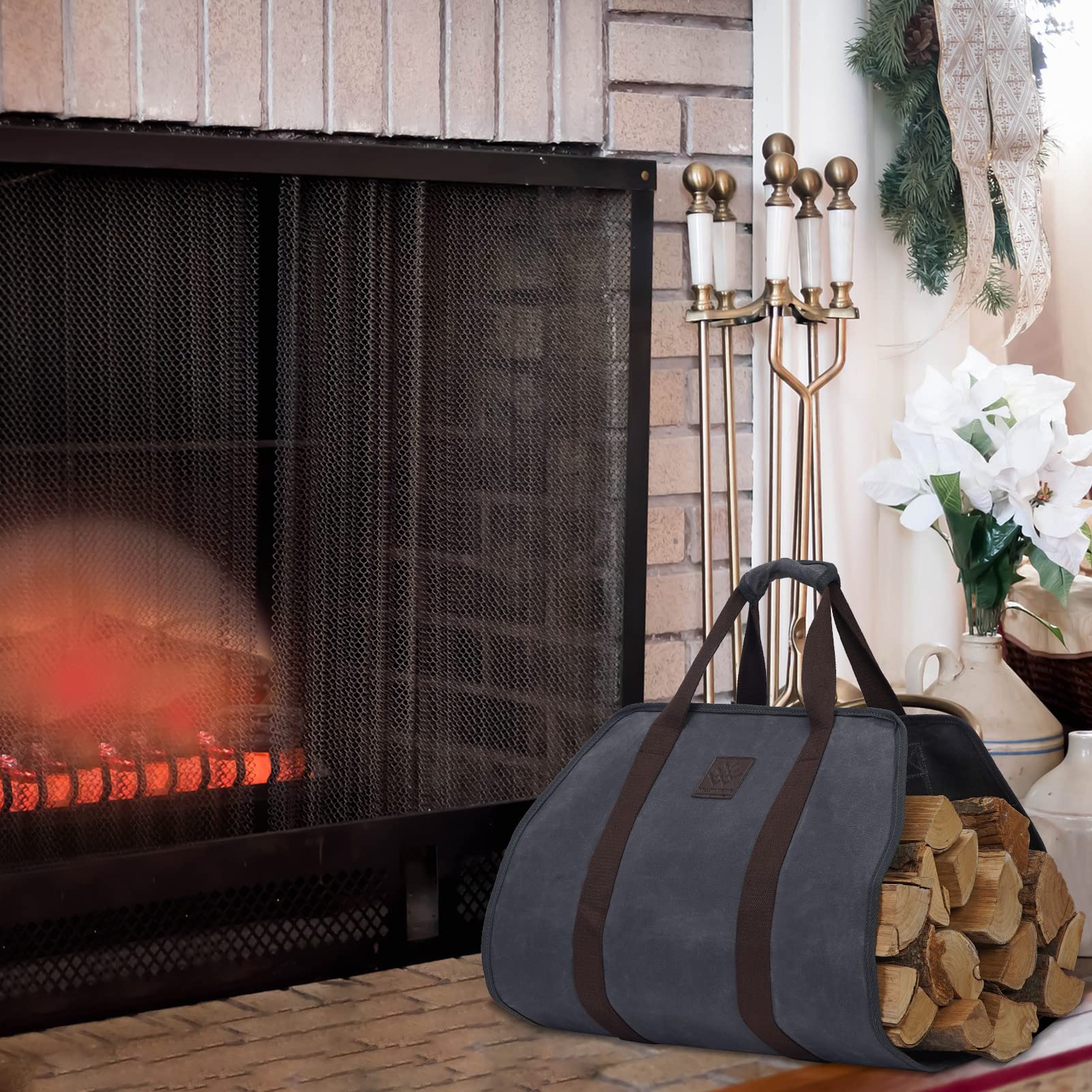 Willow Weave Canvas Firewood Log Carrier, Fireplace Log Carriers & Holders, Firewood Carrier, Wood Carrying Bag For Firewood, Gr