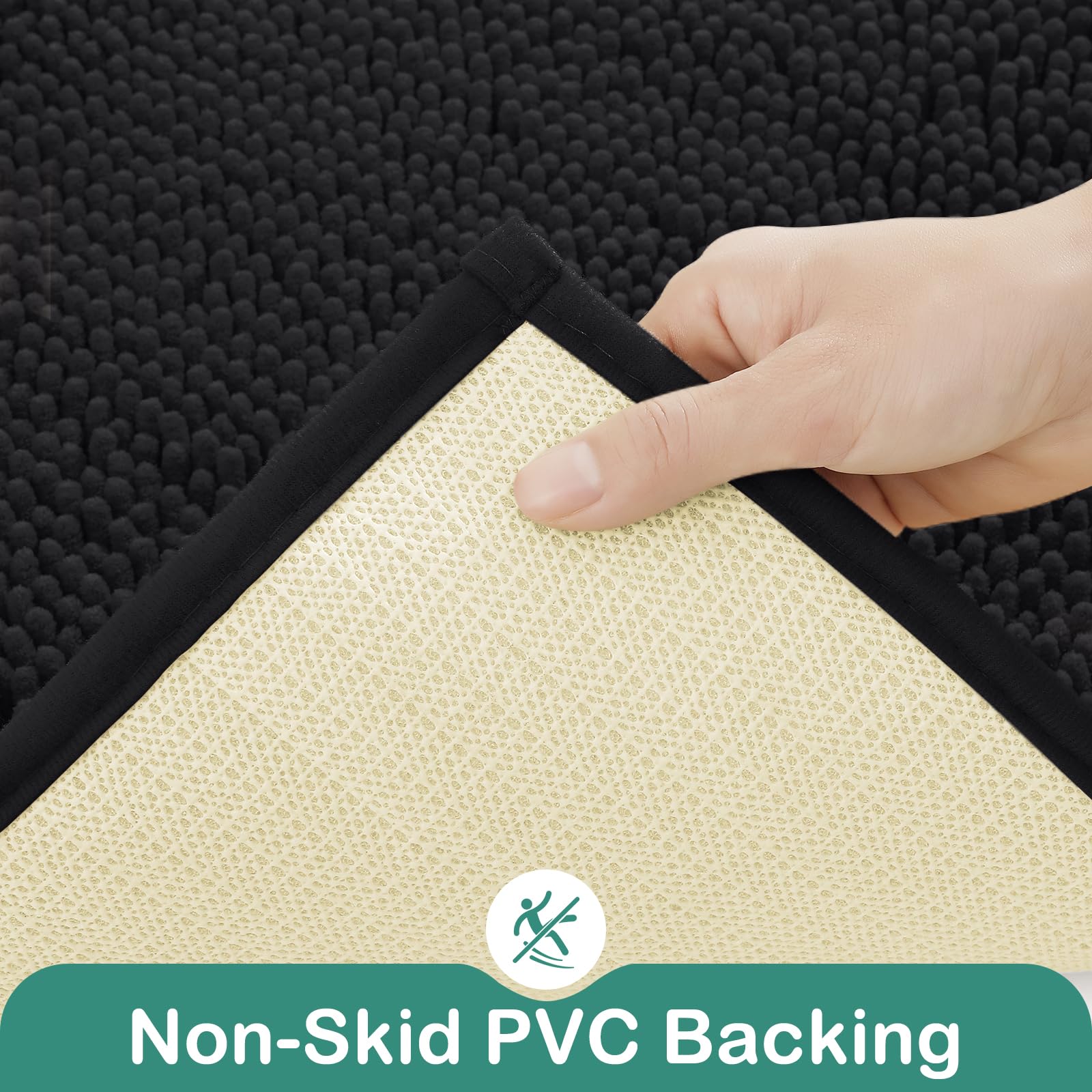 Homeideas Bathroom Rugs Set 2 Pieces, Ultra Soft Non Slip Absorbent Chenille Toilet Bath Mat Set (Black)