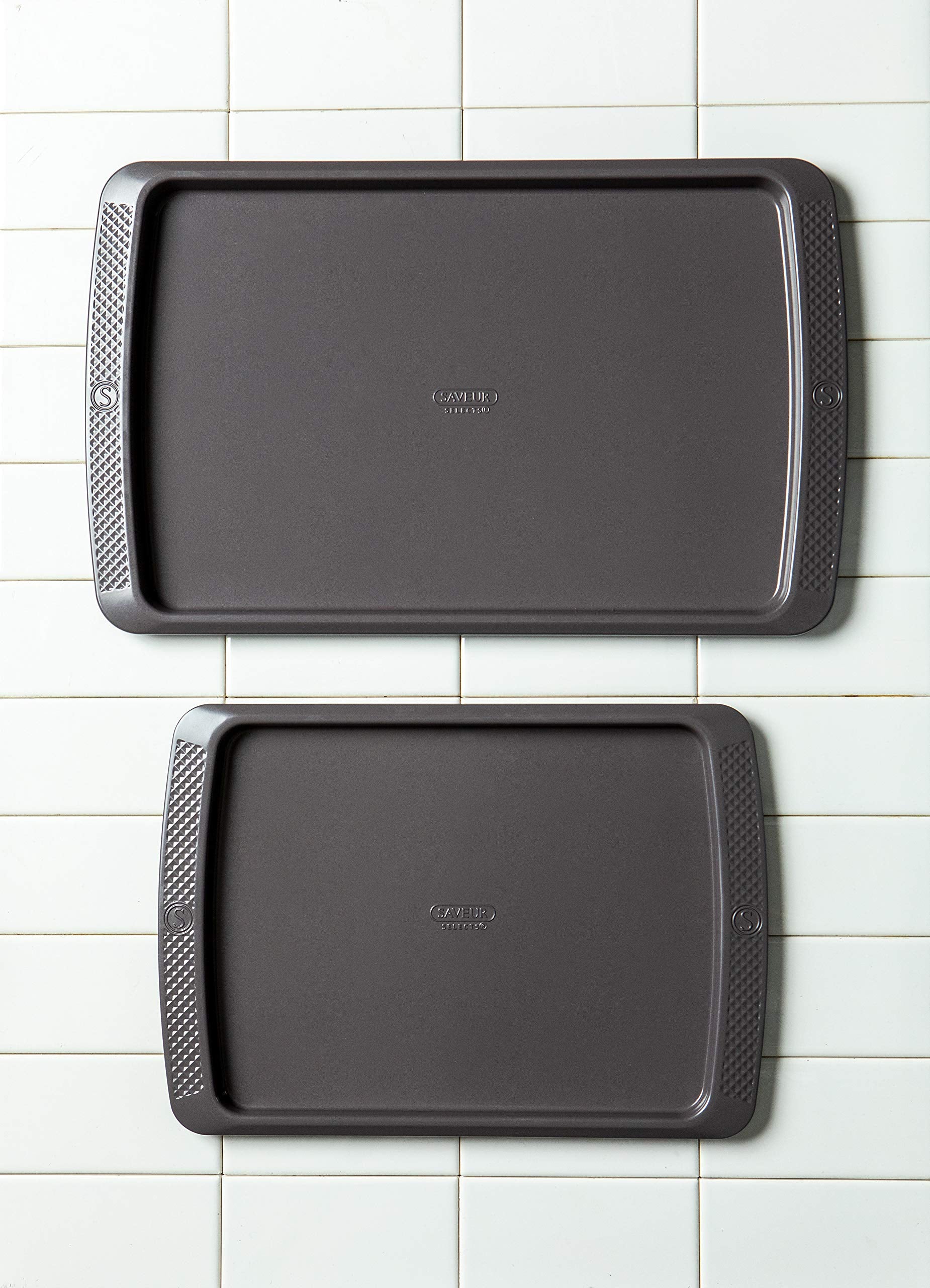 Saveur Selects Set Of 2 Rimmed Baking Sheets, 11-Inch By 17-Inch And 9-Inch By 13-Inch, Non-Stick, Warp-Resistant Carbon Steel,