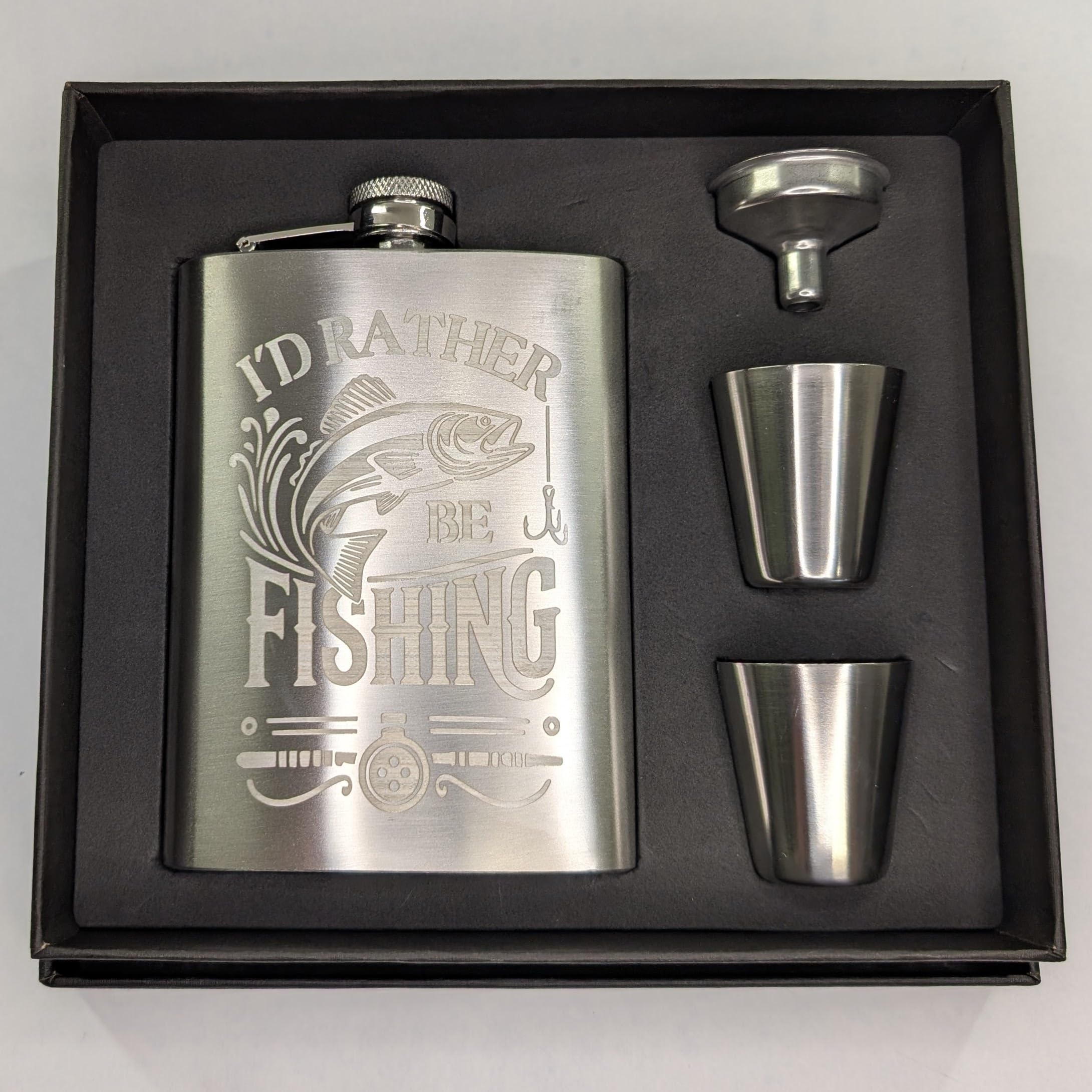 Id Rather Be Fishing Flask Gift Set: Hip Flask with 2 Shot Glasses and Funnel (Silver, Flask Gift Set)