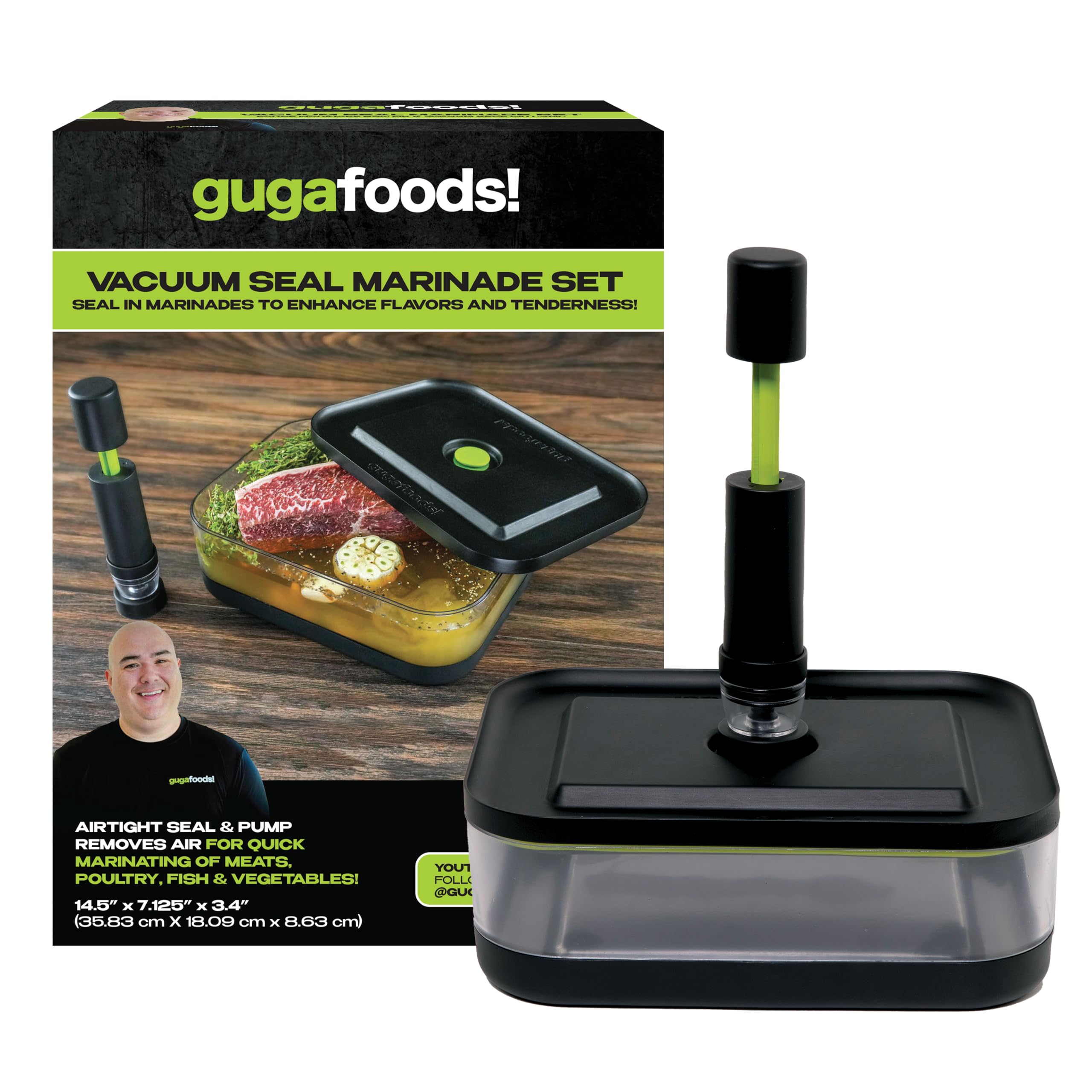 Guga Foods Vacuum Seal Marinade Container Set, Air Sealed Pump, Removes Air for Quick Marination, Barbecue & Grilling Marinator