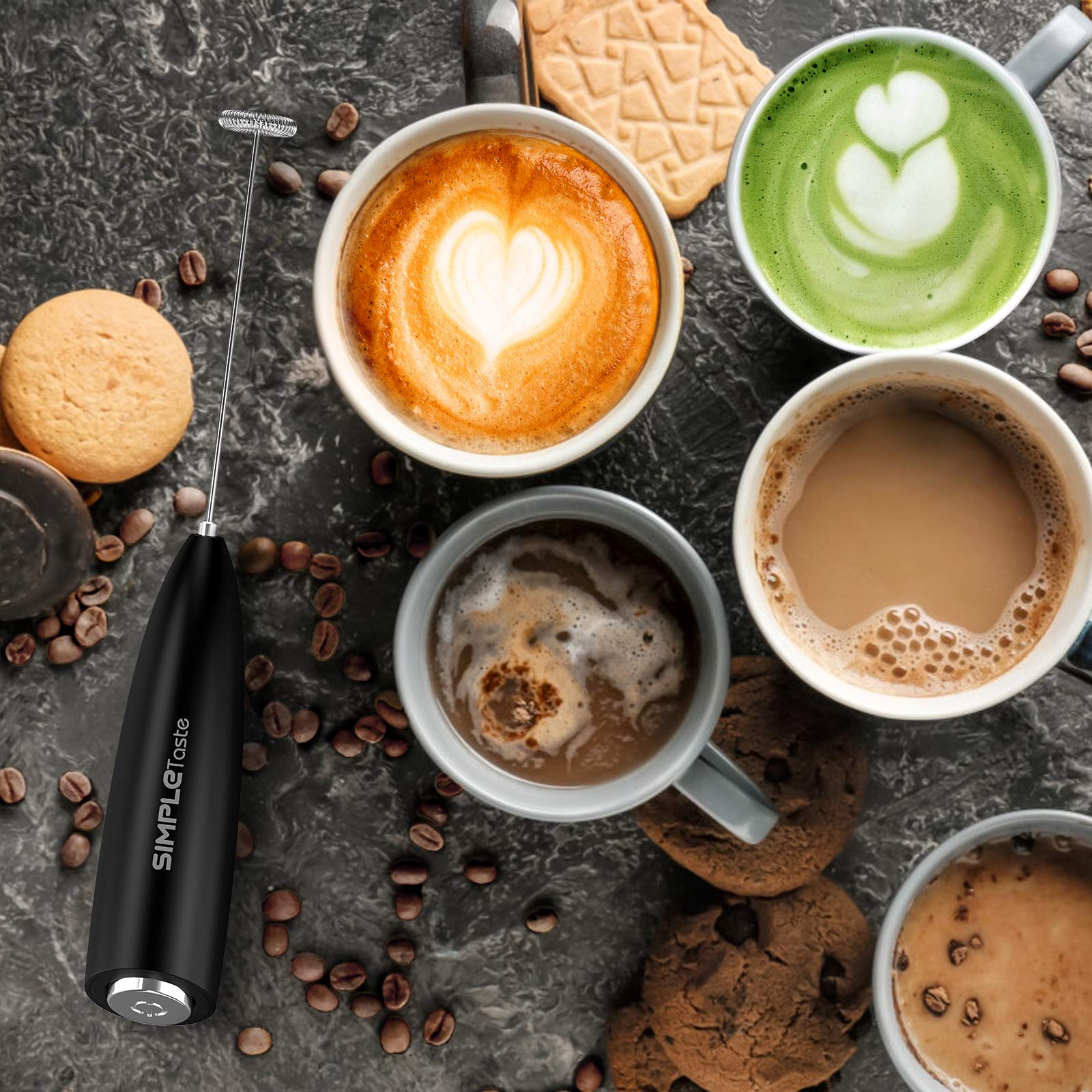 SIMPLETaste Milk Frother Handheld Battery Operated Electric Foam Maker  Drink Mixer with Stainless Steel Whisk and Stand for cappuccino  Bulletproof coffee  Latte