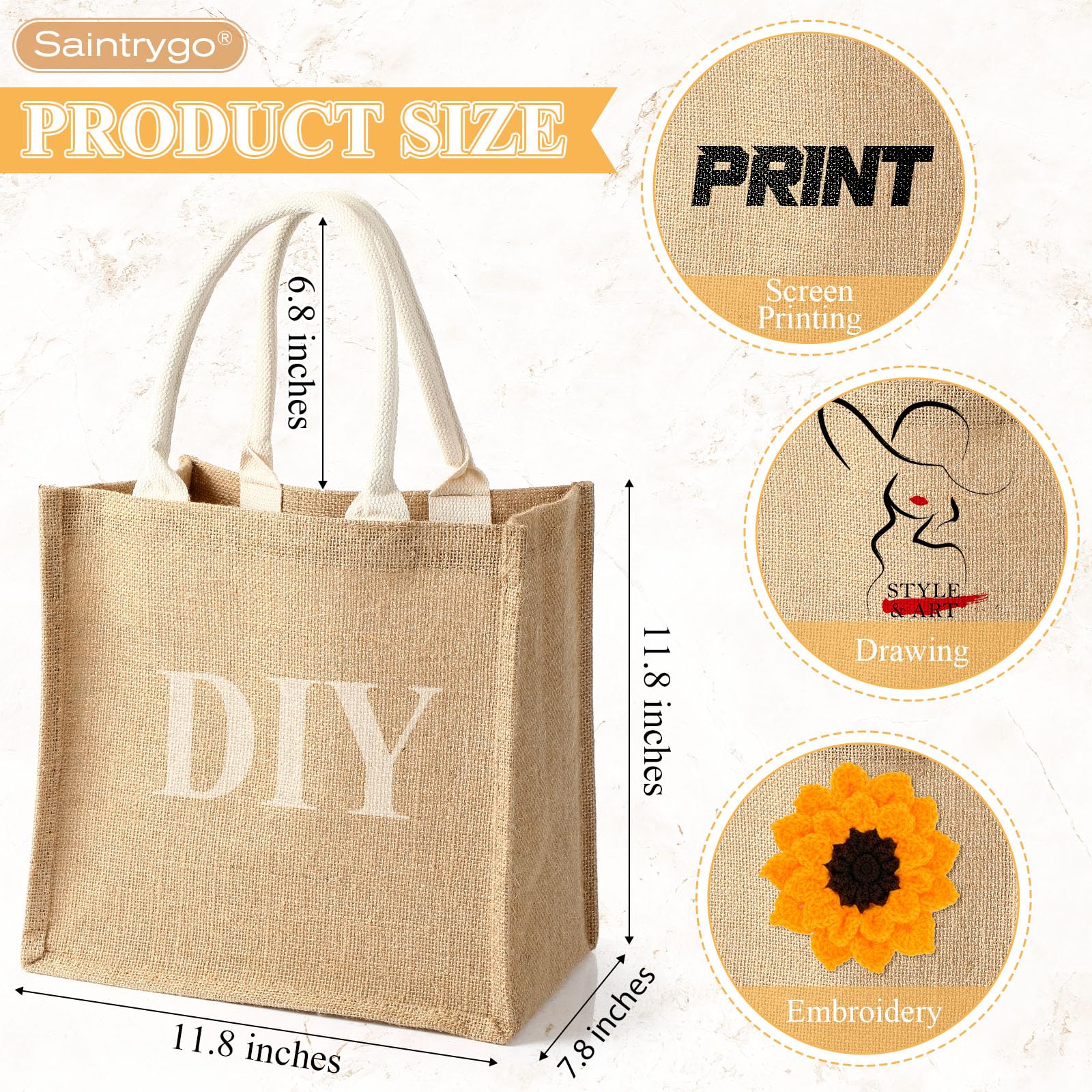 Saintrygo 12 Pcs Burlap Jute Tote Bags with Handle Reusable Blank Bridesmaid Gift Bags for Shopping Wedding DIY, 12x12x7.7In(Jut