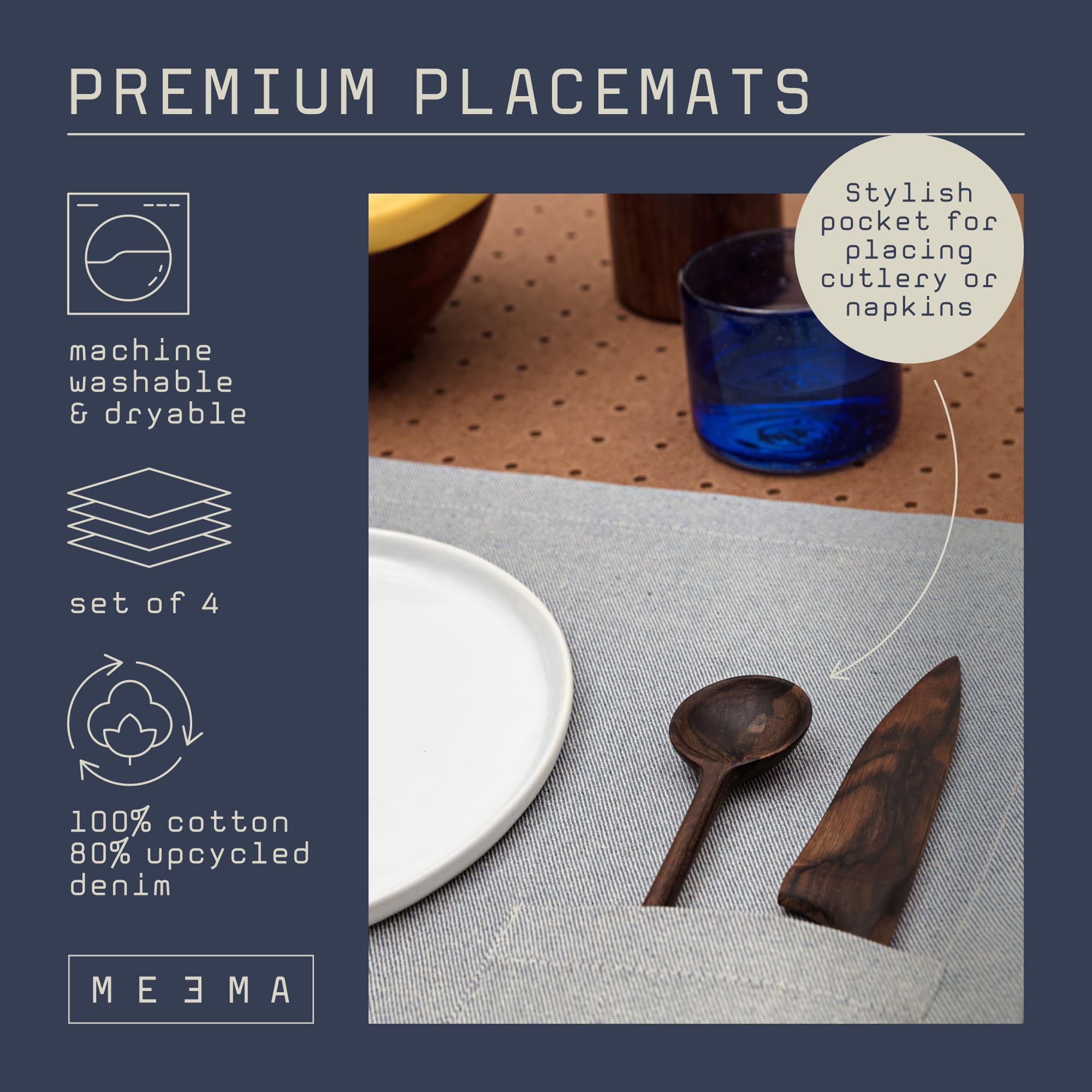 Meema Cloth Placemats With Pockets Set Of 4 | 14 X 20 In | Recycled Denim And Cotton Farmhouse Placemats - Blue With Pocket | Wa