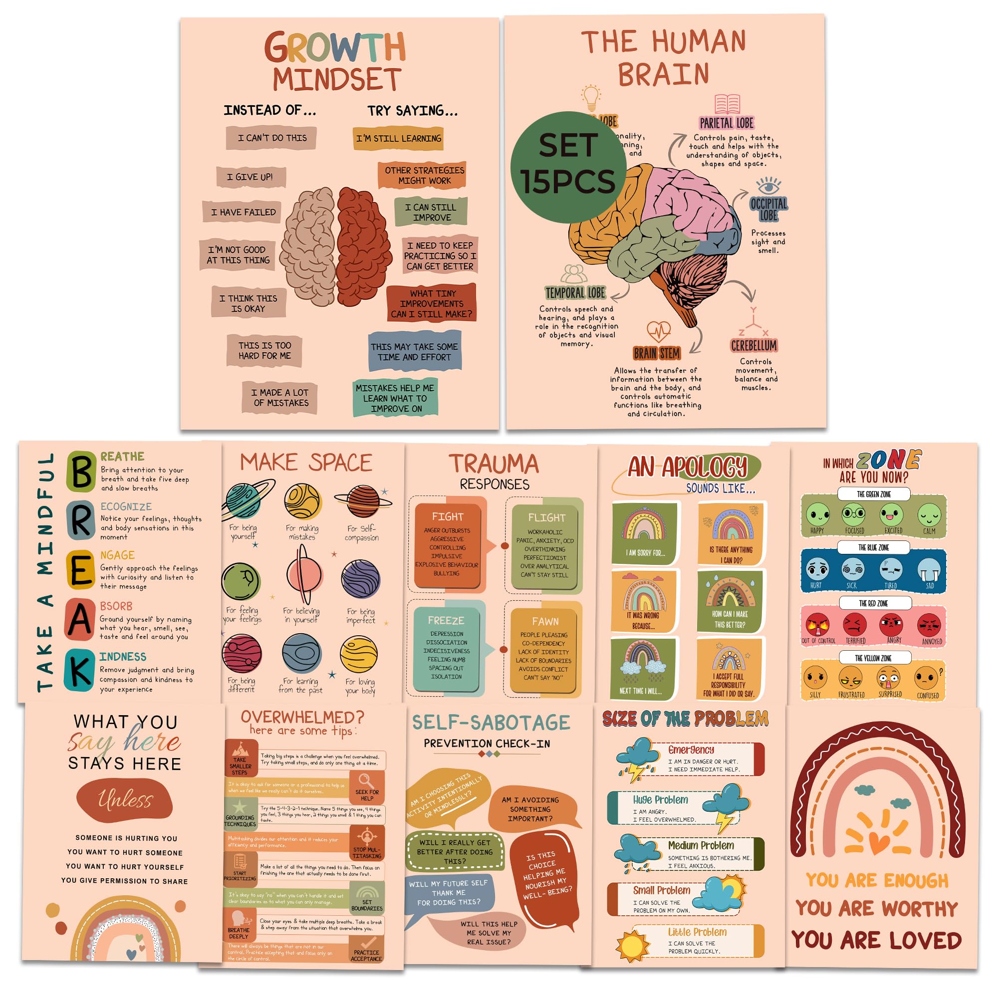 Loluis 15 Pcs Mental Health Posters, Boho Therapy Tools Educational Supplies Art Print Classroom School Office Decor (Set 15, Un