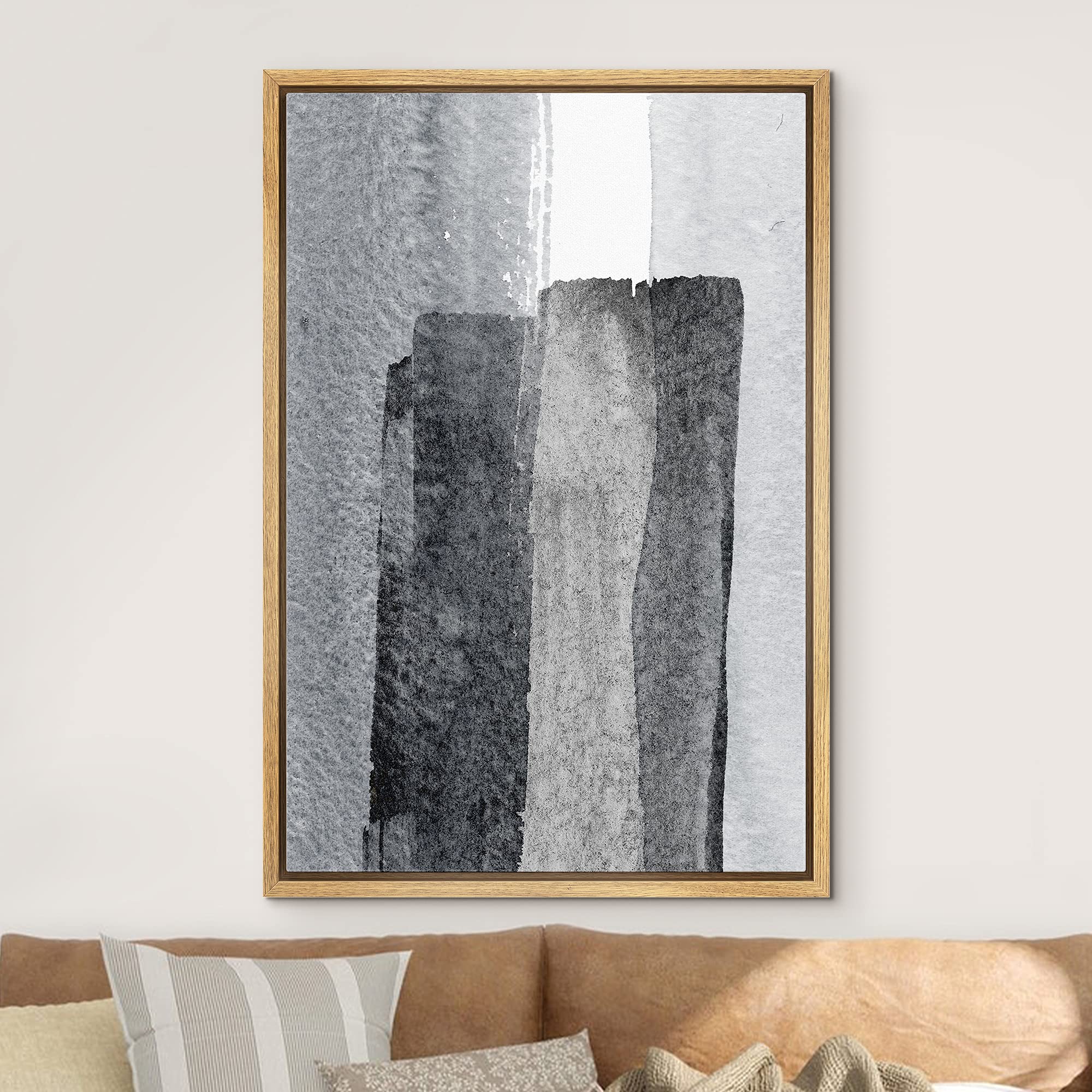 Idea4Wall Framed Canvas Print Wall Art Transparent Black & Gray Watercolor Paint Strokes Abstract Shapes Modern Art Bohemian Col