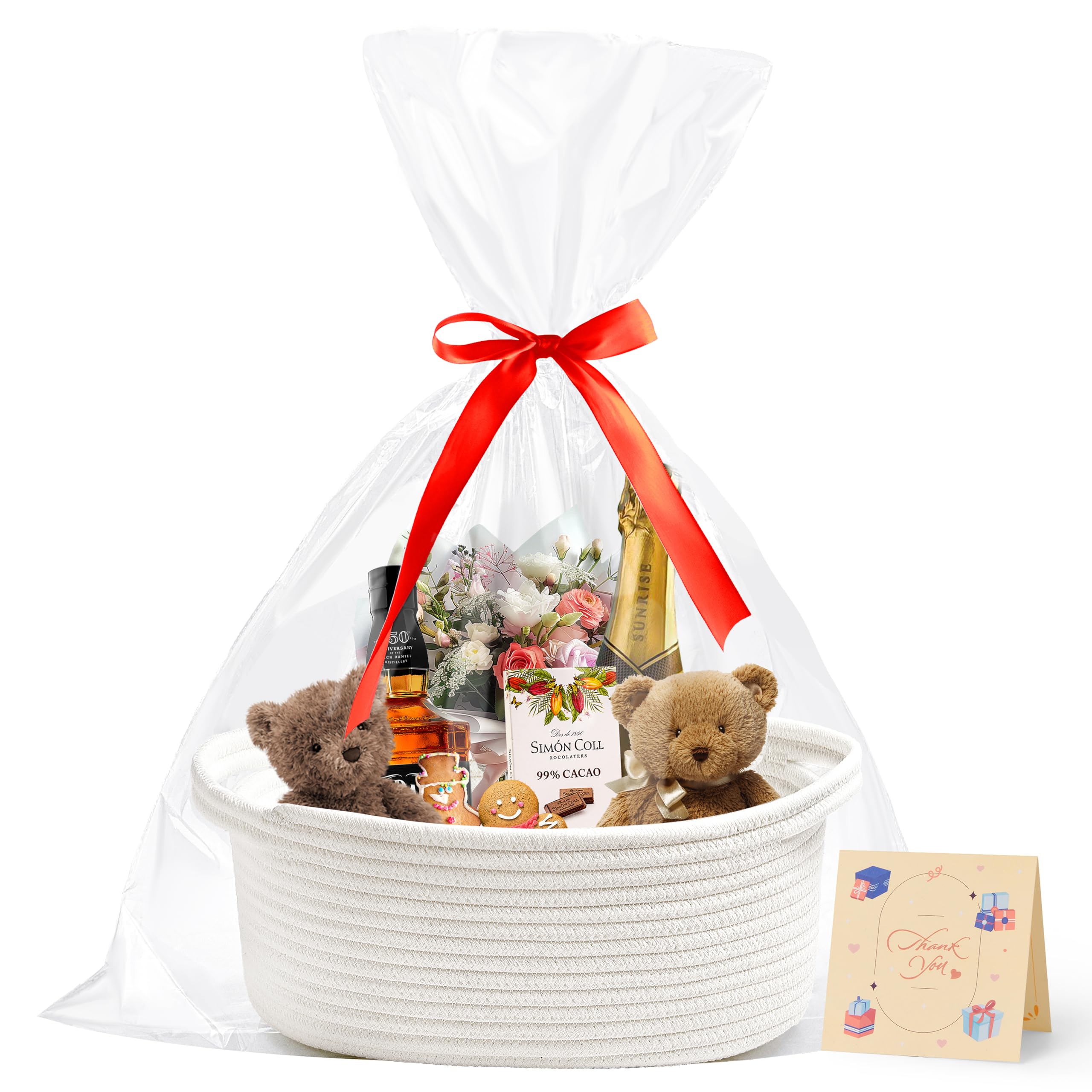 Bufims Small Woven White Gifts Basket for Storage Empty with Ribbons and Bags Durable Cute Gifts 12X 8 X 5 Small Rope Basket for