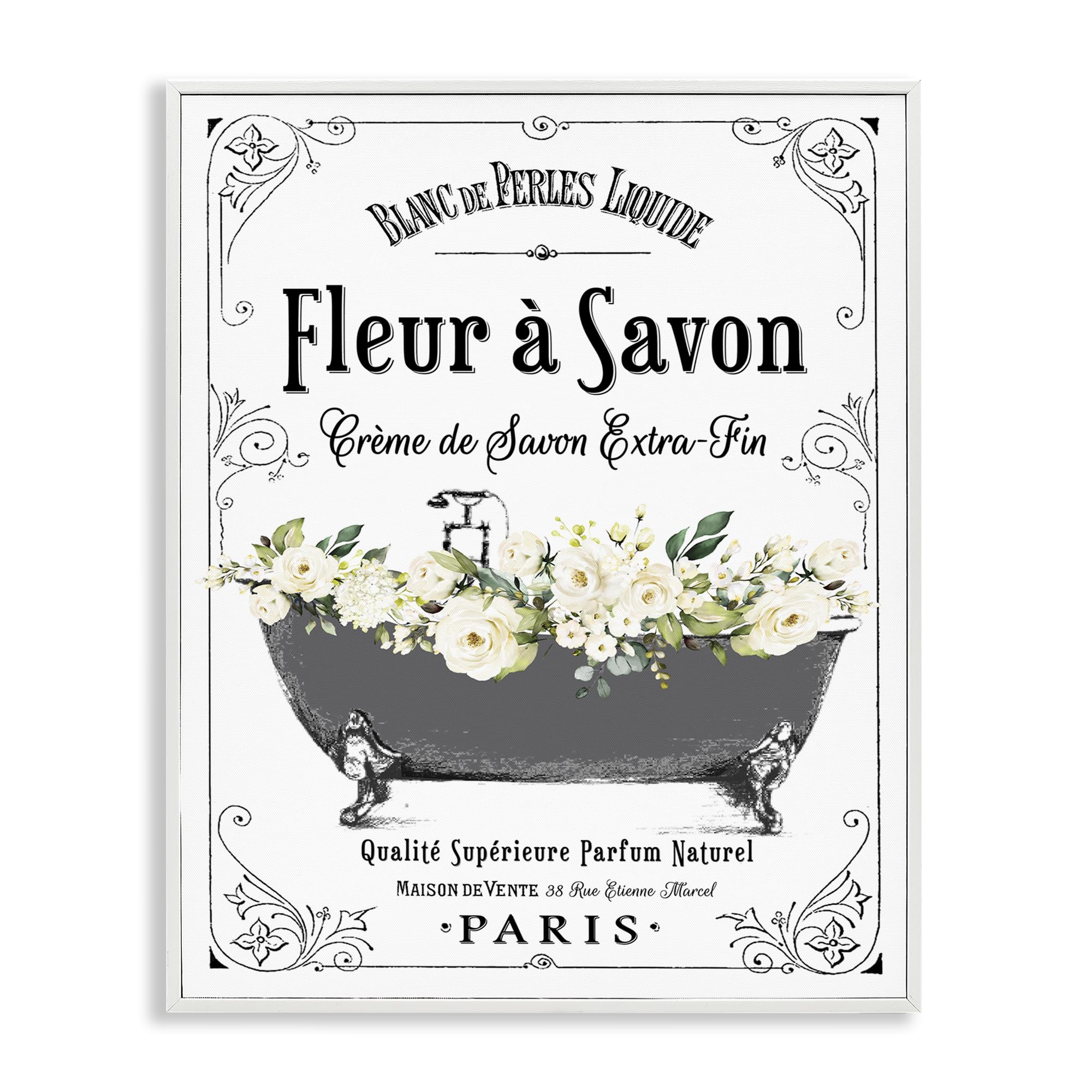 Stupell Industries Fleur a Savon Vintage Parisian Bathroom Floral Tub, Framed Giclee Art, White, 11 x 14 Inches, Easy to Hang 