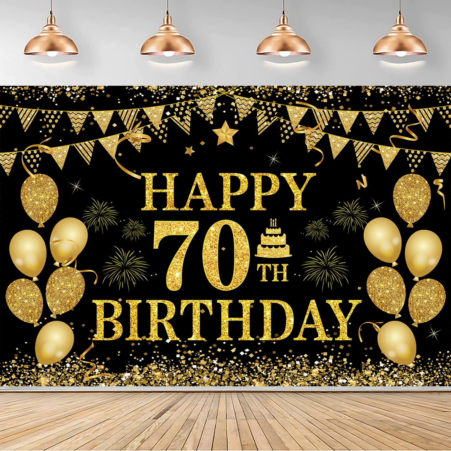 70Th Birthday Decorations Happy 70Th Birthday Banner For Men Women Black Gold 70 Years Birthday Party Decorations Background For