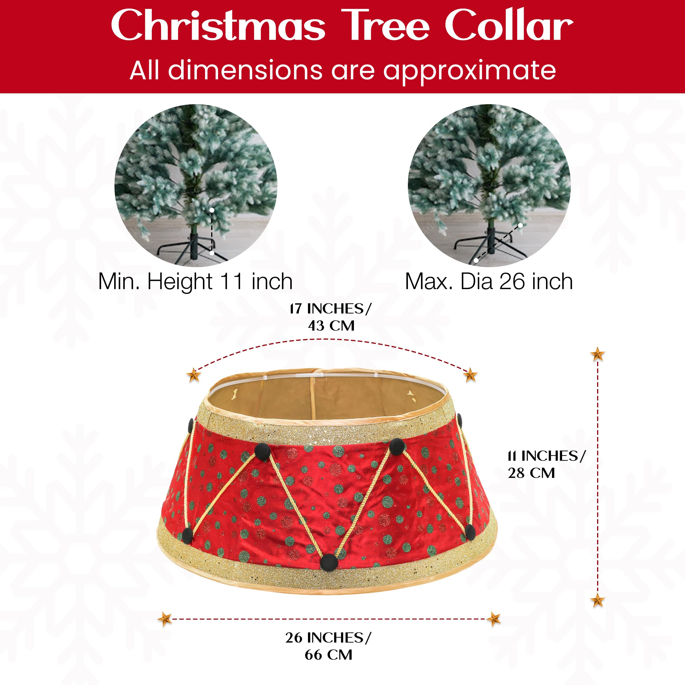 New Traditions Christmas Tree Collar - Red & Green Drum Design - 26 Diameter Fabric Stand Band for Artificial & Natural Trees -