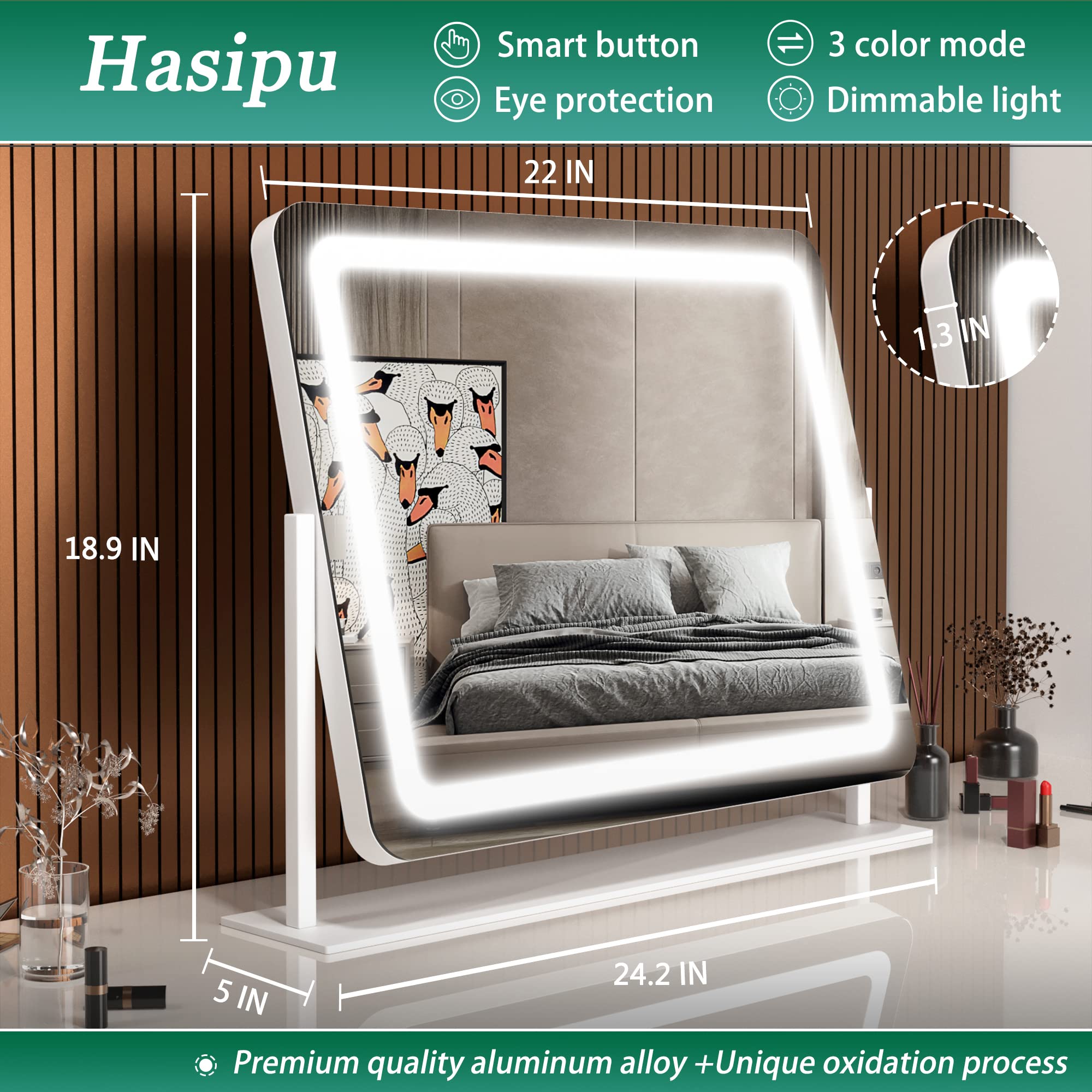 Hasipu Vanity Mirror With Lights, 24.2'' X 18.9'' Led Make Up Mirror, Light Up Mirror With 10X Magnification And Usb Charging Po