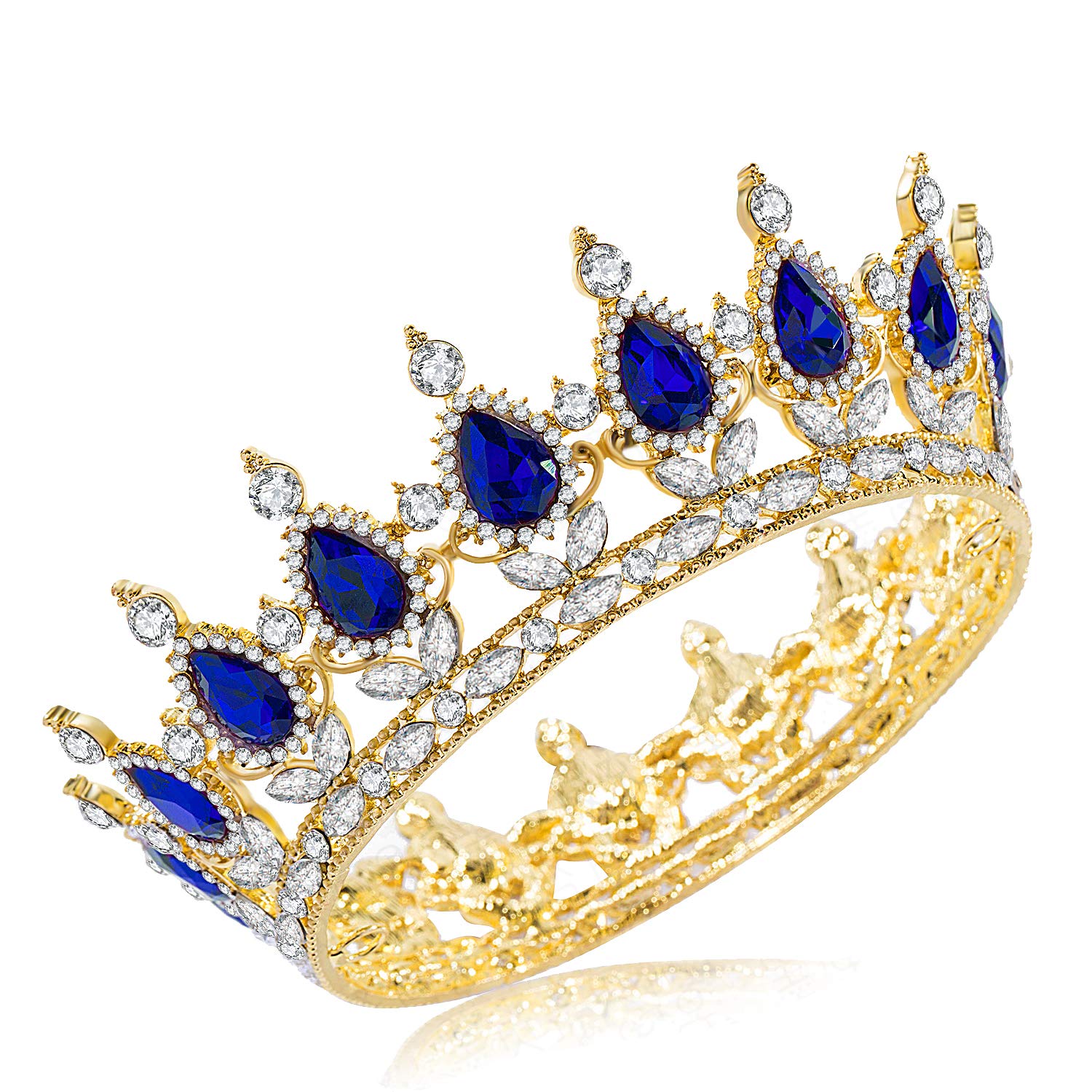 Pensoda Rhinestone Cake Topper Crown Fancy Party Cake Decoration Princess And Prince Headpiece (GoldBlue)