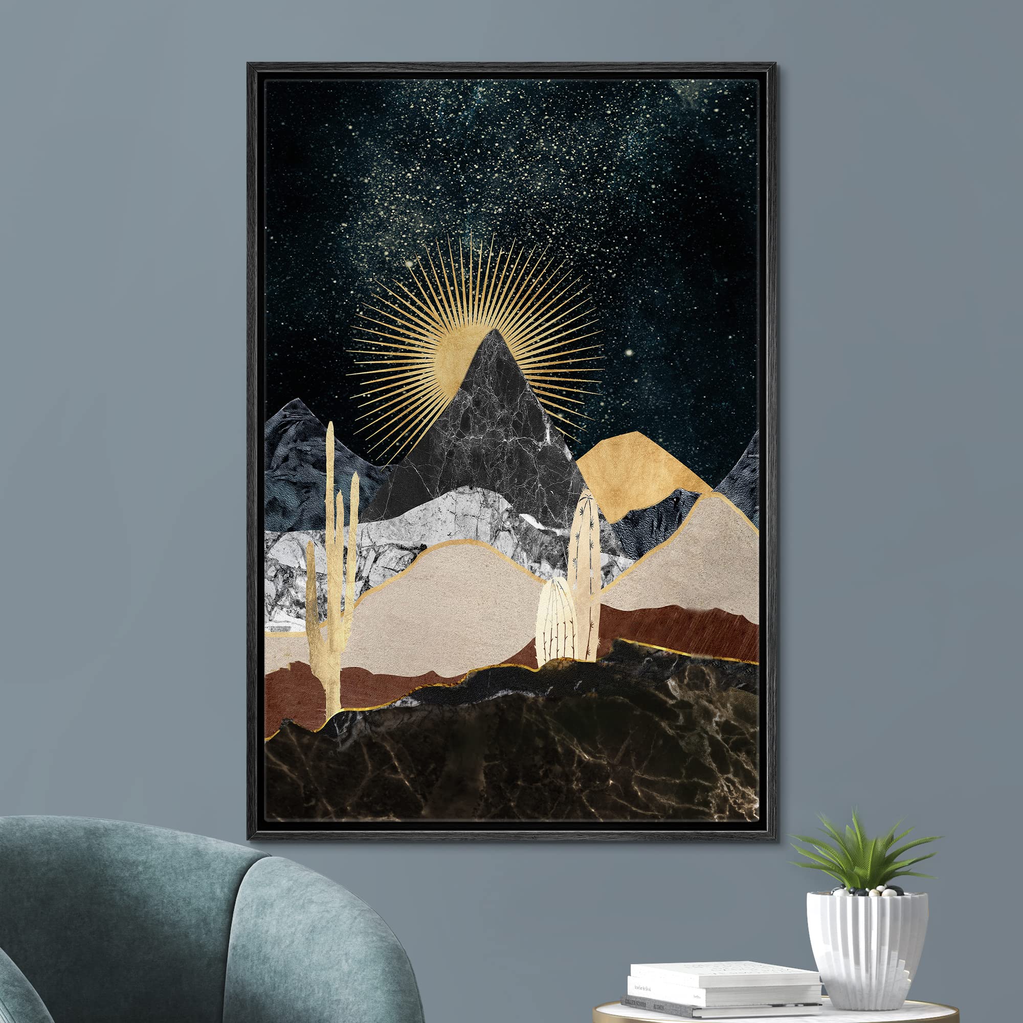 Signford Framed Canvas Print Wall Art Gold Sunlight Granite Mountain Cactus Nature Wilderness Illustrations Modern Art Decorativ