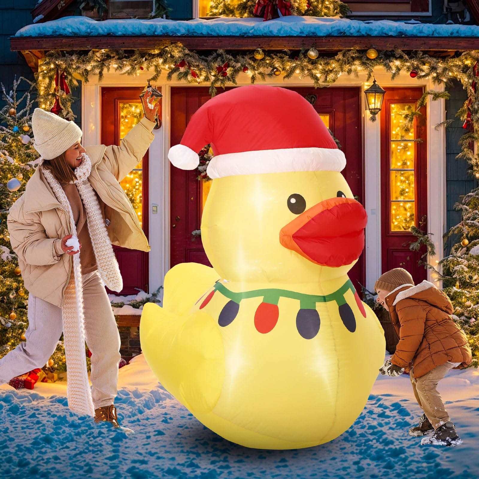 Leyndo 1 Set 5FT Christmas Inflatables Decoration Outdoor Inflatables Duck with Build-in LEDs Lights Giant Blow up Duck Wear Cla
