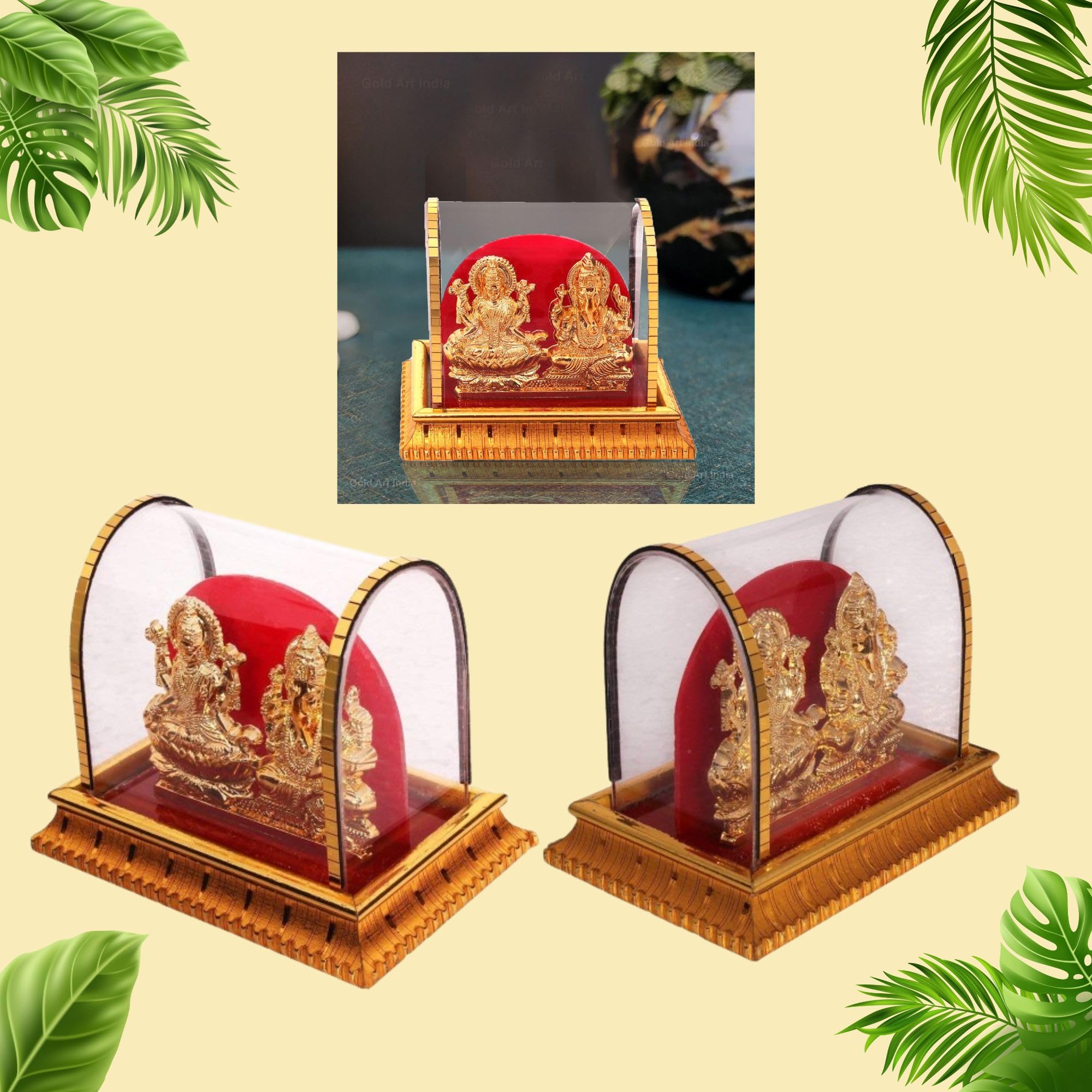 Gold Plated Laxmi Ganesh Idol For Home Decor Mandir Table Desktop Decoration/Sitting Lakshmi Ganesha Murti (8 Cm Height, 9 Cm Le