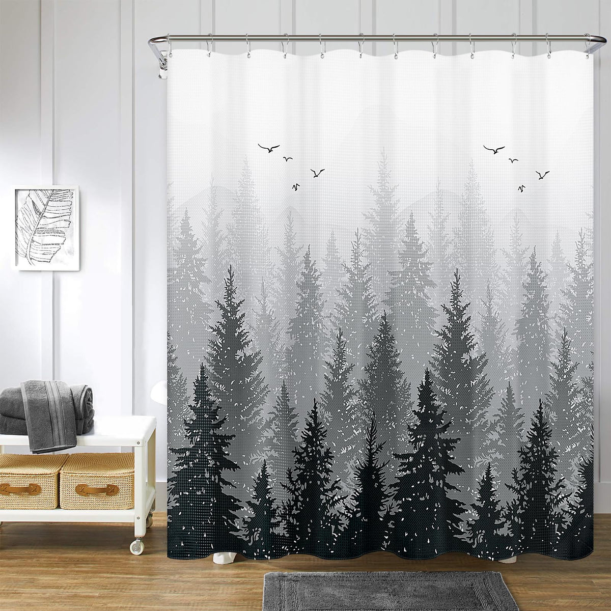 Hokibero Black And White Forest Bathroom Shower Curtain Set Mountain Nature Tree Plant Black And Gray Waffle Fabric Bath Curtain