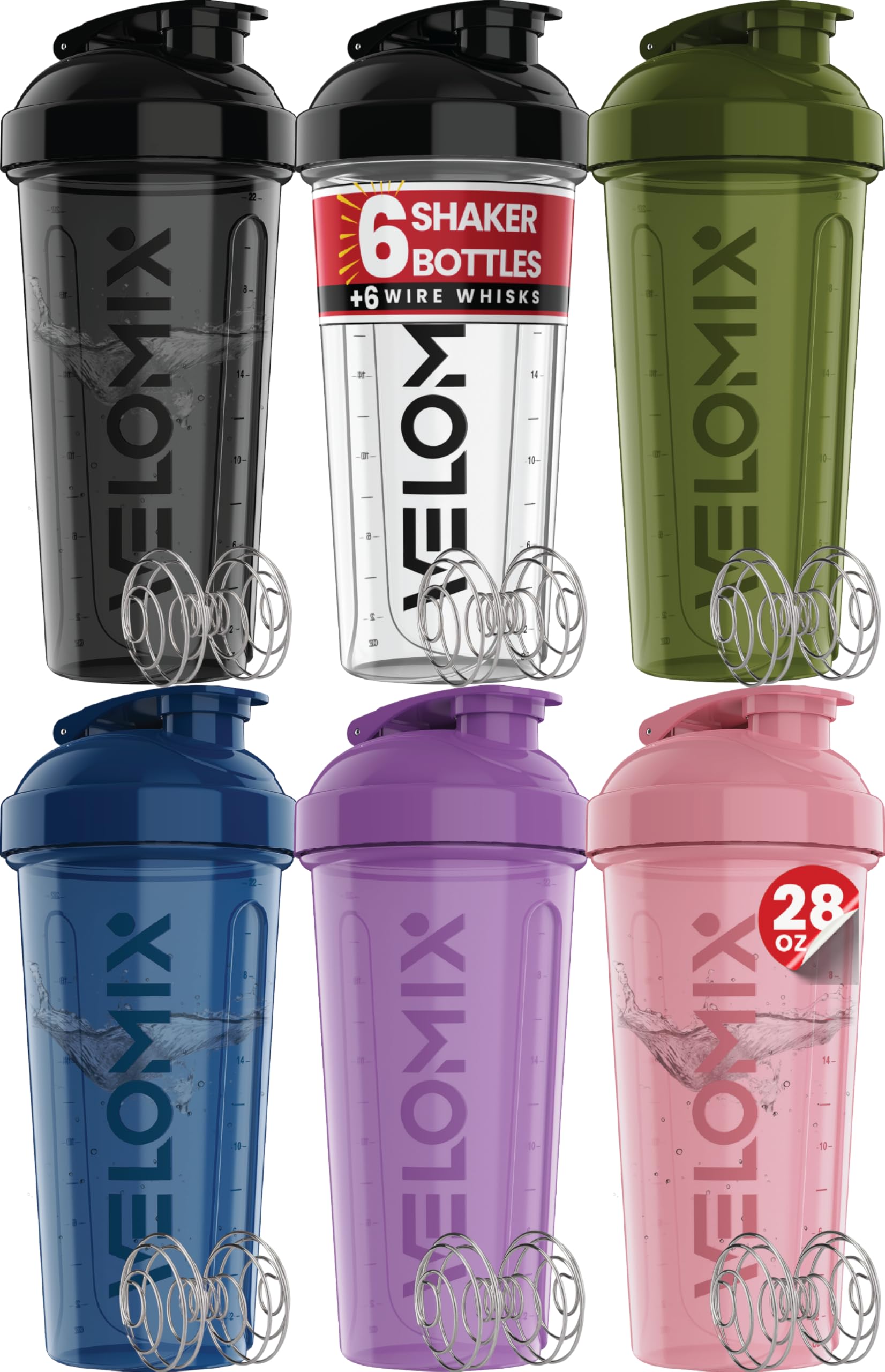 VELOMIX -6 PACK- 28 oz Protein Shaker Bottle for Protein Mixes -6x Wire Whisk | Leak Proof Shaker Cups for Protein Shakes | Larg