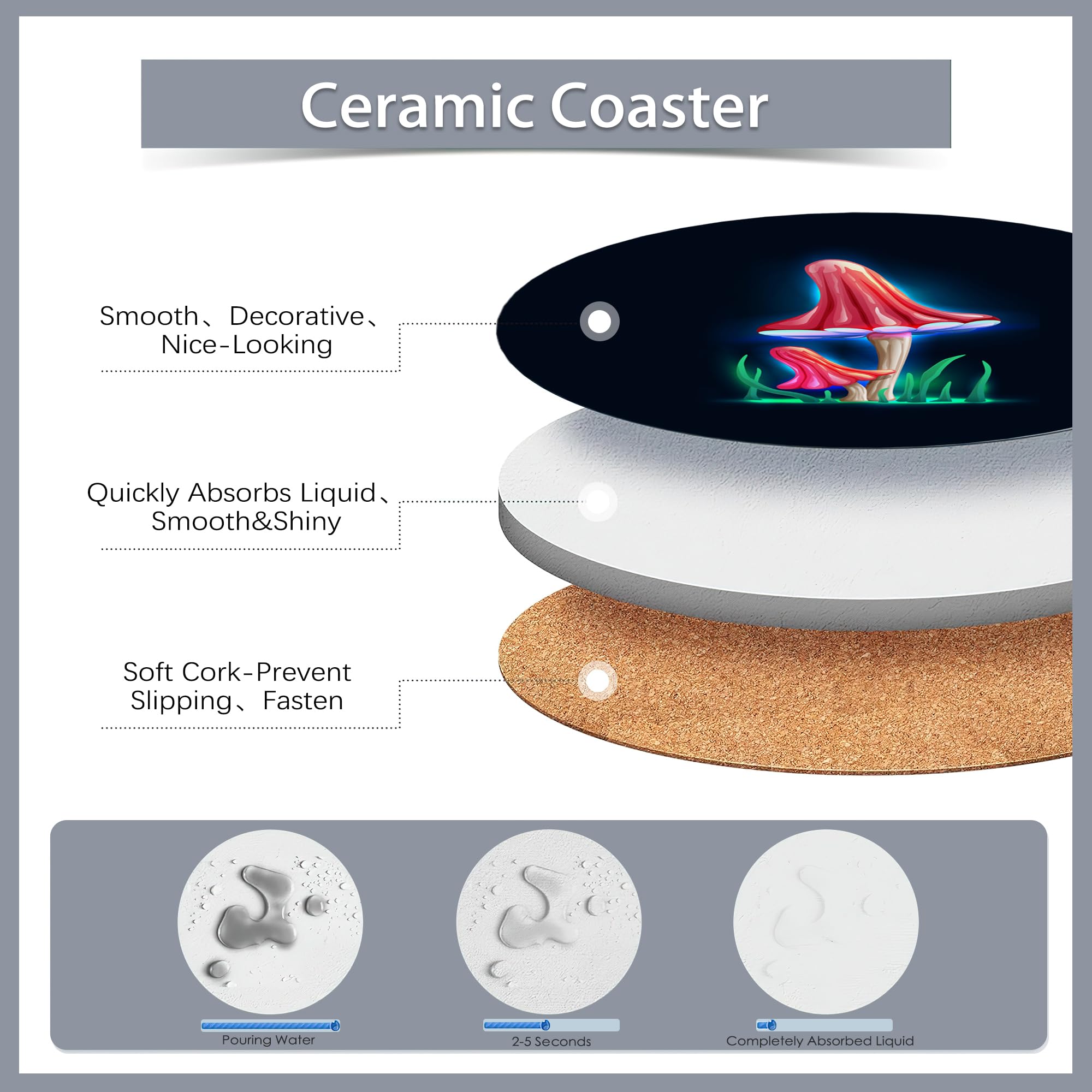 6 Pcs Coasters For Drinks With Holder,Magical Glowing Mushrooms Absorbent Coaster With Cork Backing,Great Gift For Housewarming,