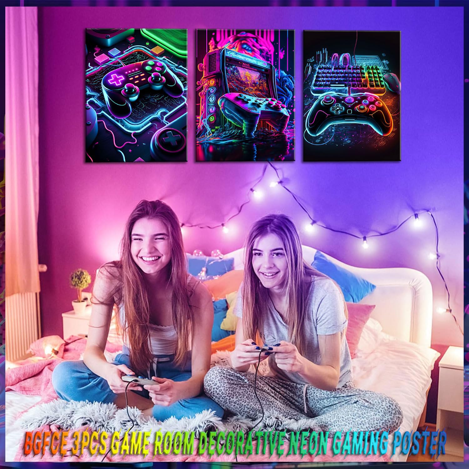 Bgfce 3Pcs Game Room Decor Neon Gaming Posters Wall Art Gamer Accessories Theme Canvas Print Game Console Painting Picture For C