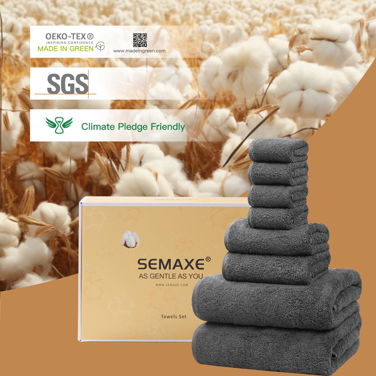 SEMAXE Grey Bathroom Towels Set  2 Bath Towels  2 Hand Towels  4 Washcloths  100% Cotton Towel for Bathroom  Soft Fluffy and Absorbent Towel  8 Piece Towel Set