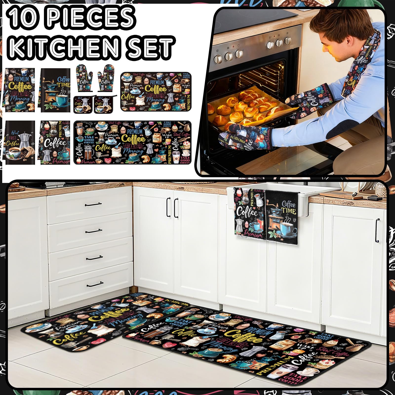 Fourluoo 10 Pcs Coffee Kitchen Decor Set Coffee Kitchen Dish Towels Oven Mitts and Pot Holders Farmhouse Rugs Mats Vintage Black