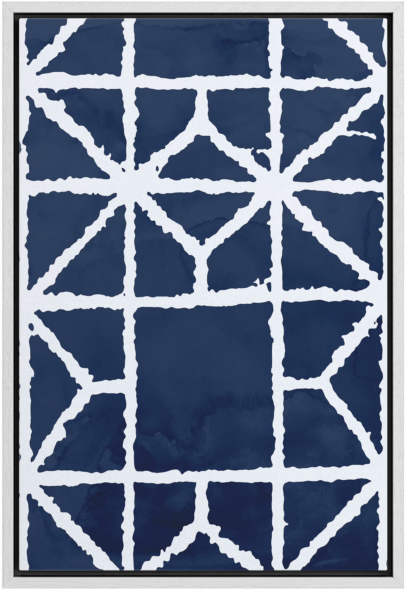 Ashbrook Framed Canvas Print Wall Art White Geometric Striped Grid On Blue Background Abstract Shapes Illustrations Modern Minim