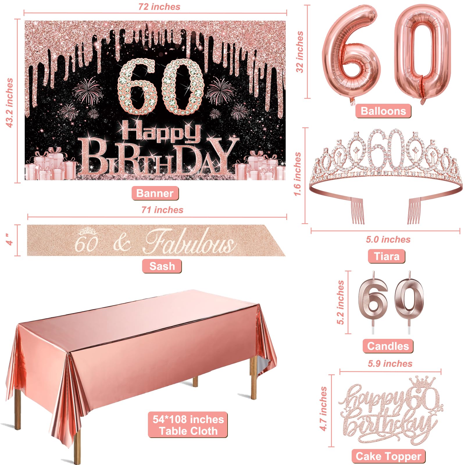 60Th Birthday Decorations For Women With Banner, Rose Gold Tablecloth, Number Balloons, 60Th Birthday Sash And Tiara, Cake Toppe