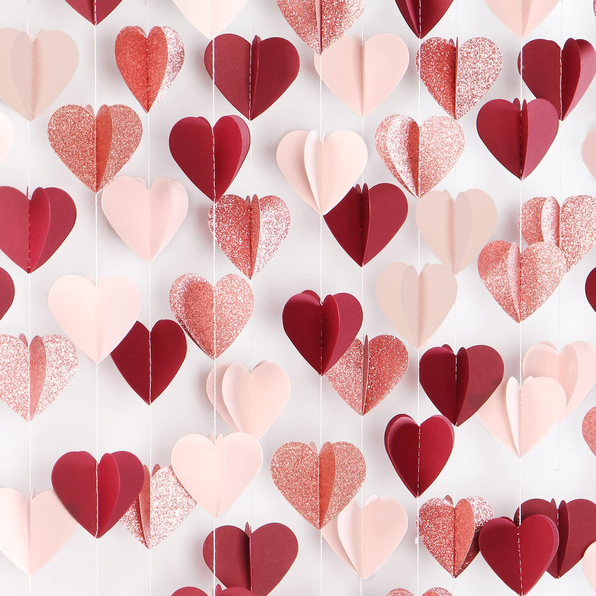 Rose-Gold Pink Burgundy-Red 3D-Heart Garland - 39Ft Valentines Day Party Decorations Hanging Paper Streamers Banner,Engagement W