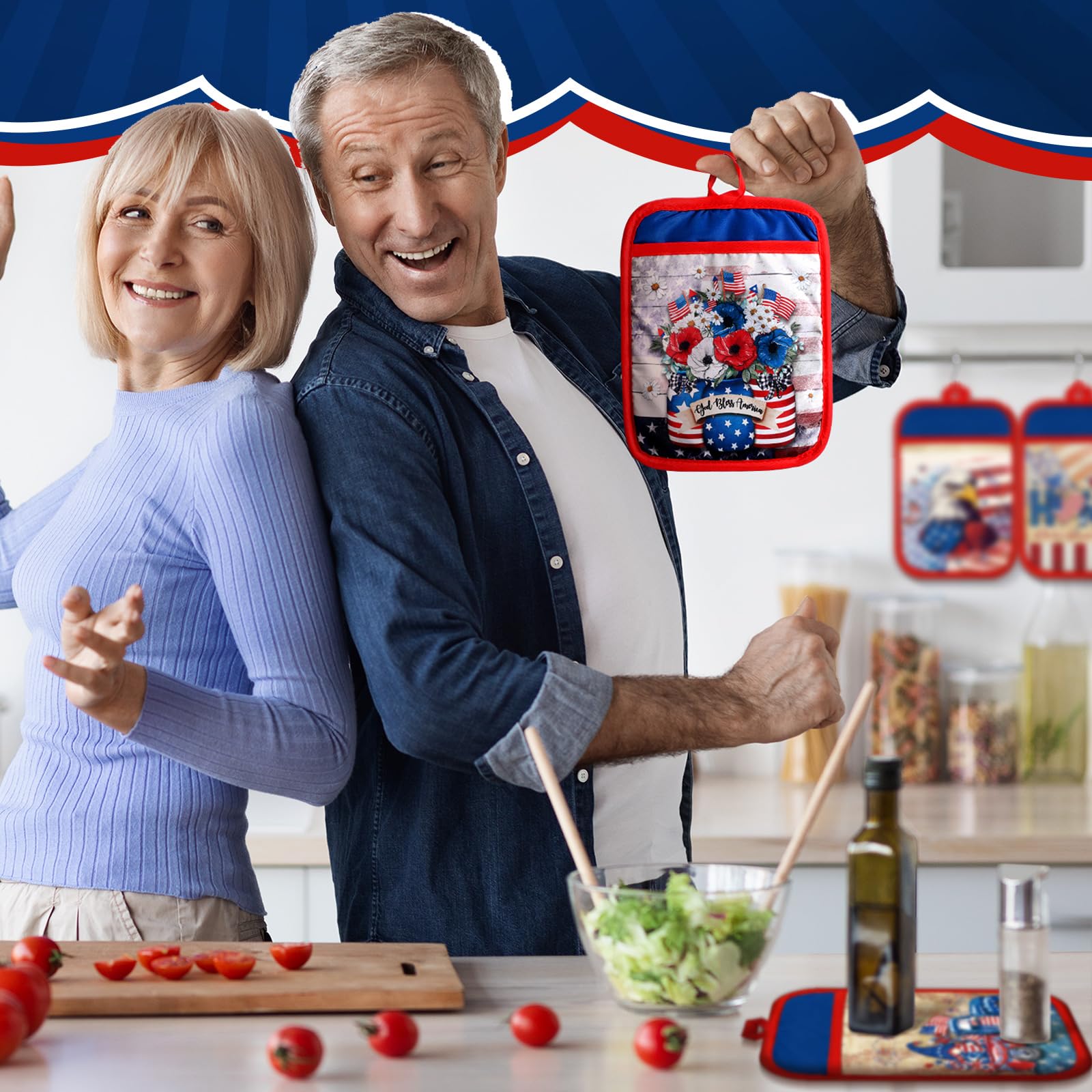 Jingmore 12 Pcs Veterans Day Pot Holders with Pocket Patriotic Pot Holders Bulk for Kitchen American Flag Stars Hot Pads and Ove
