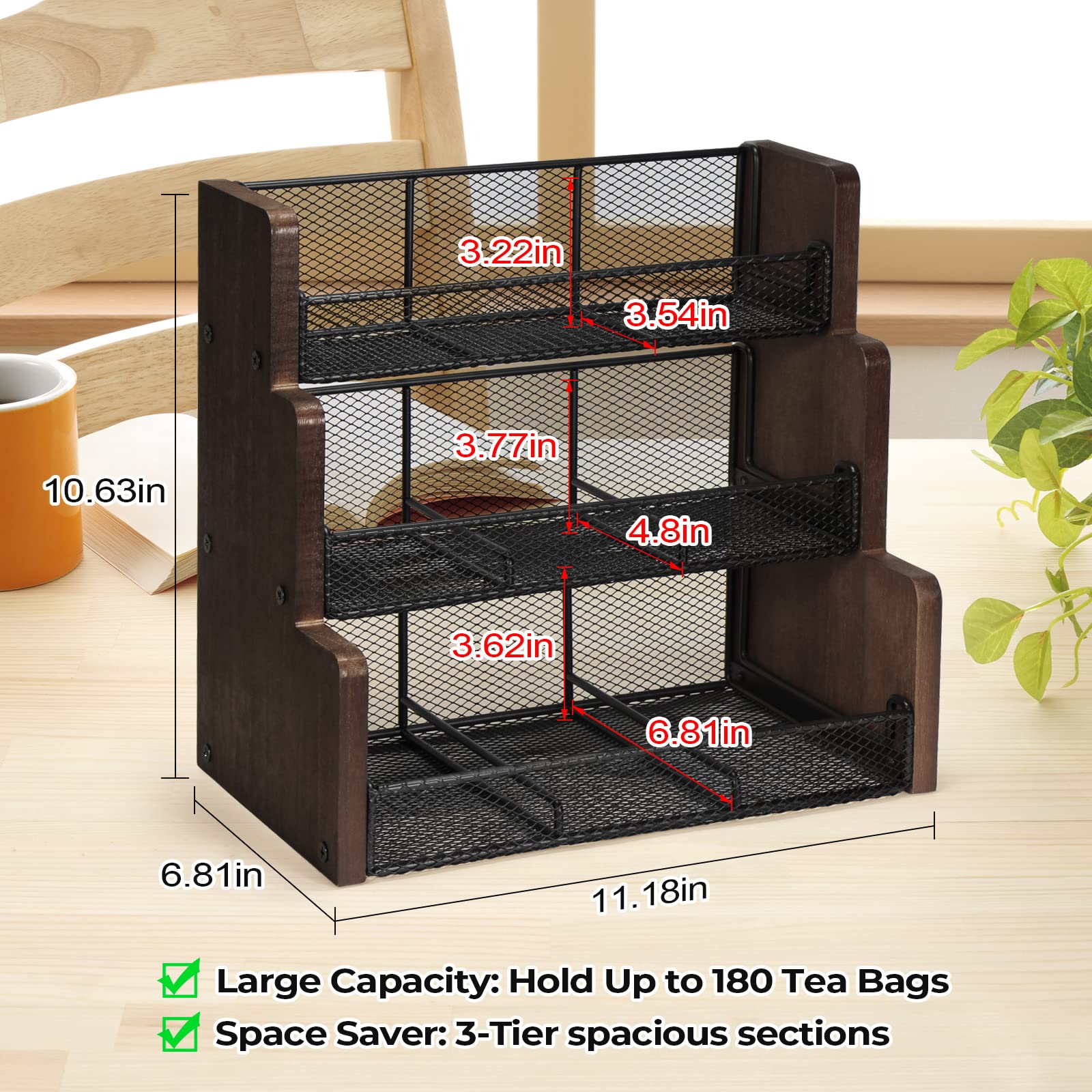 Tj.Moree Tea Bag Organizer 3 Tier Tea Storage, Solid Wood Tea Storage Chests For Kitchen, Office, Countertop, Cabinet Pantry, Te