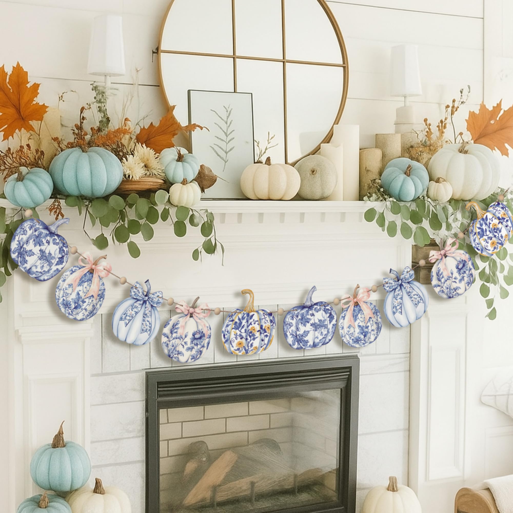 Cinnvoice 8.2 ft Fall Decorations Blue and White Porcelain Pumpkin Garland Wooden Bow Pumpkin Leaves Banner Chinoiserie Fall Ban