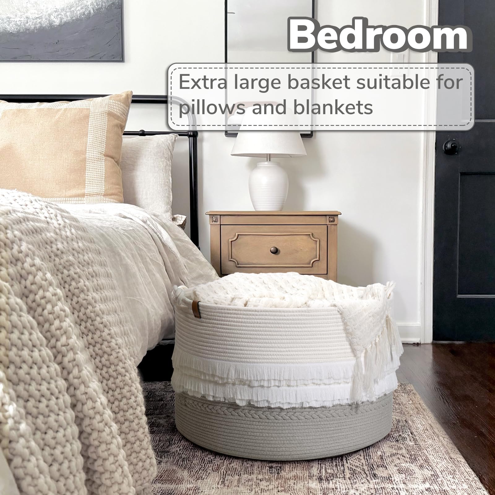 Cherrynow Extra Large Rope Basket For Toys, Grey Blanket Basket For Living Room, Entryway, Nursery Laundry Basket For Clothes, 2
