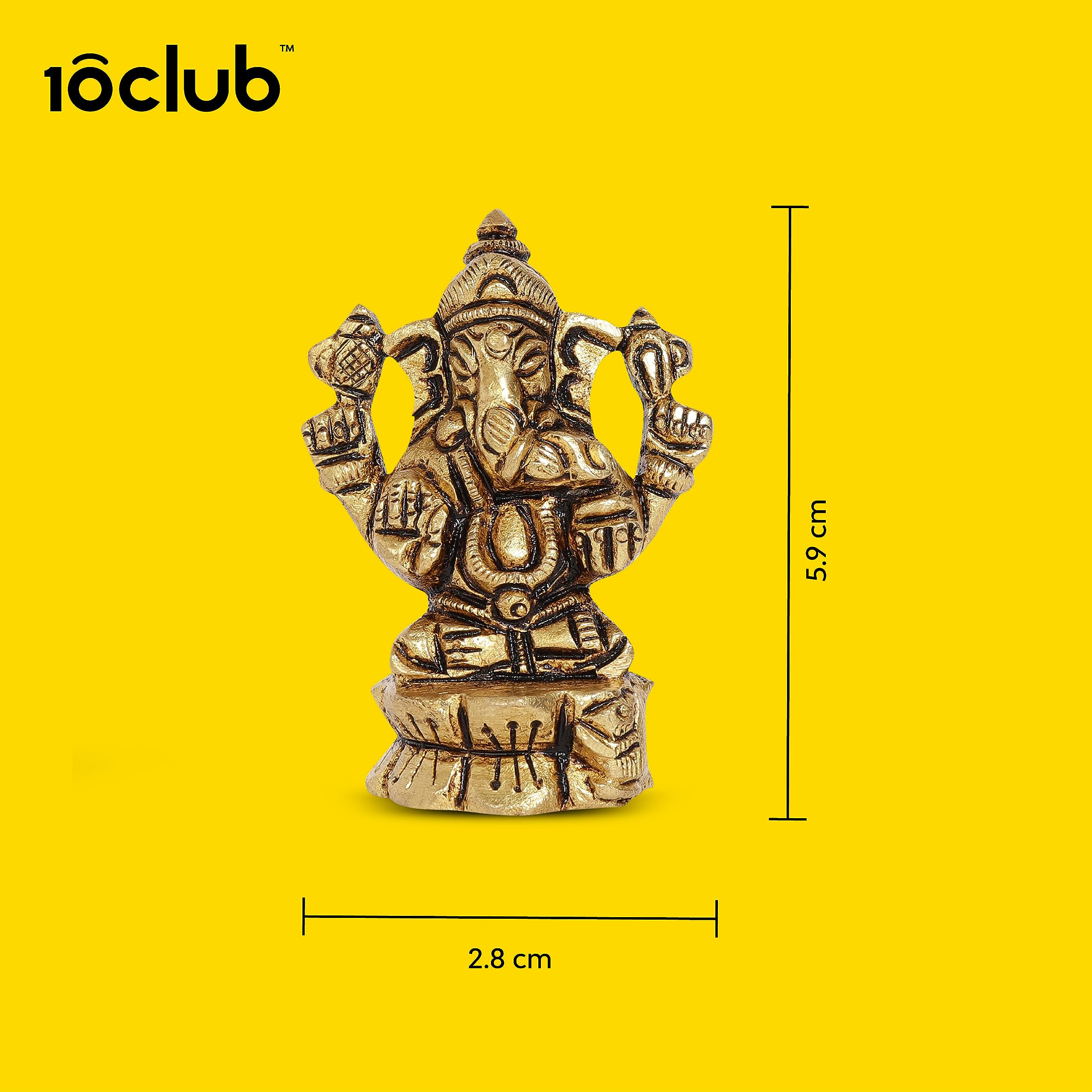 10Club Lord Ganesha Idol - 1Pc (5.9 cm, 160 Grams) - 100% Pure Brass | Ganesha Sitting on a Lotus | For Desk, Car, Home Decor an