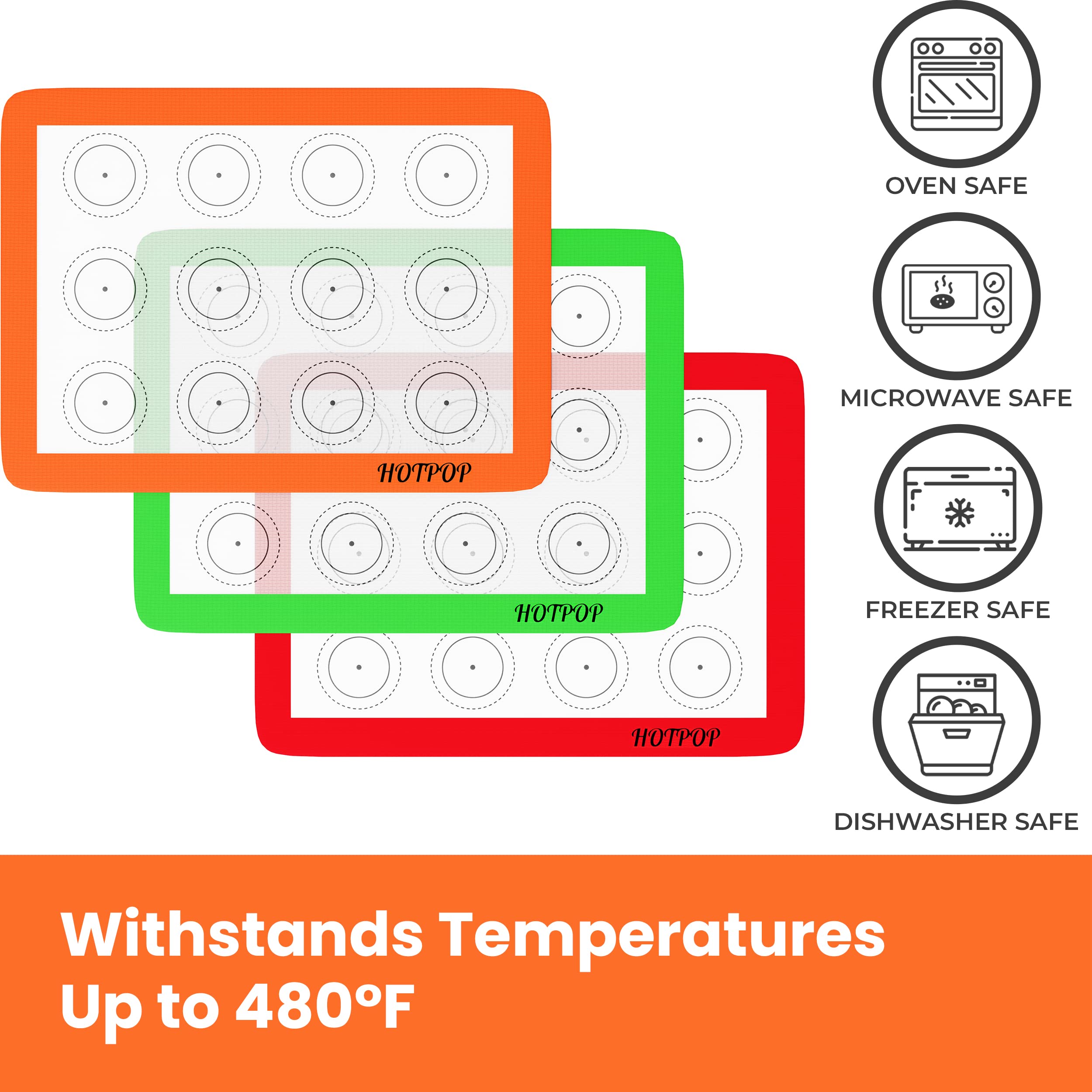 Hotpop Silicone Baking Mats 0.75Mm - Non-Stick Silicone Sheets For Bake Pans And Rolling With Outlines For Pastries - Silicone B