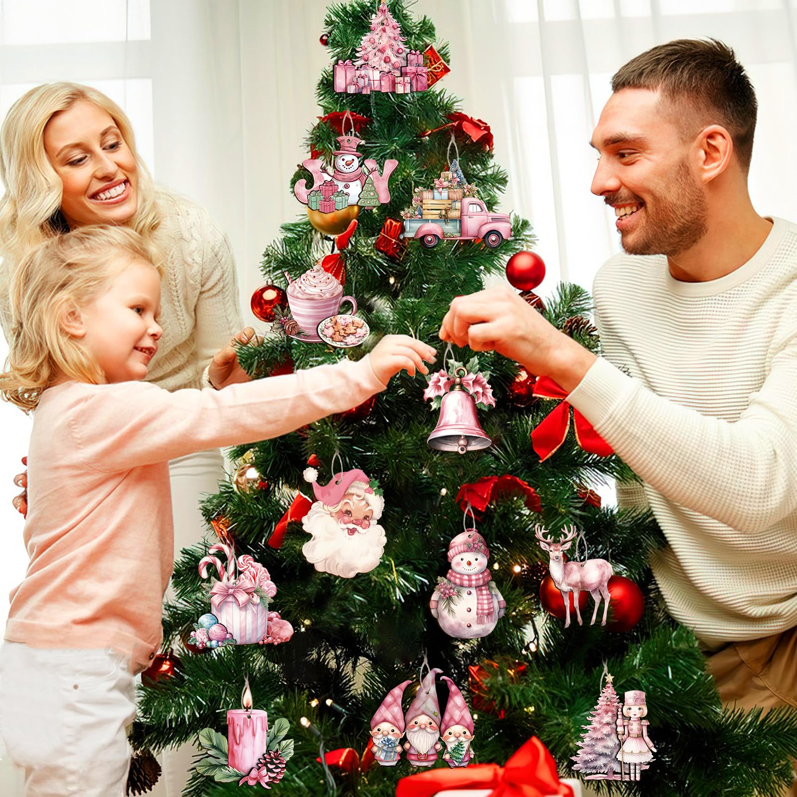 36Pcs Pink Christmas Tree Hanging Ornaments, Wooden Christmas Ornaments for Tree Vintage Rustic Xmas 3D Wooden Hanging Pendants