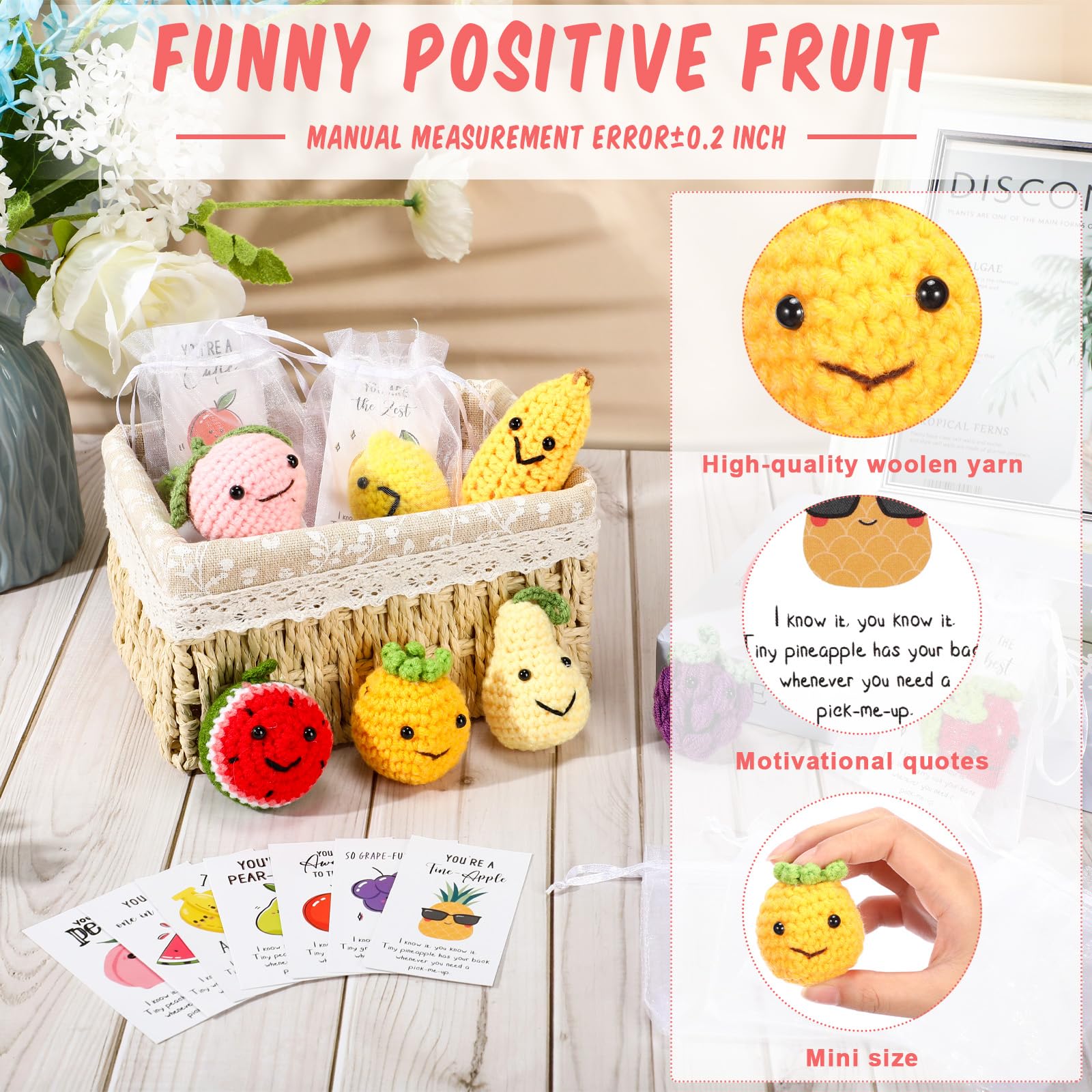 Shappy 30 Sets Inspirational Positive Fruit Toy Gift Cute Funny Wool Knitted Fruit Mini Employee Appreciation Gift Motivational