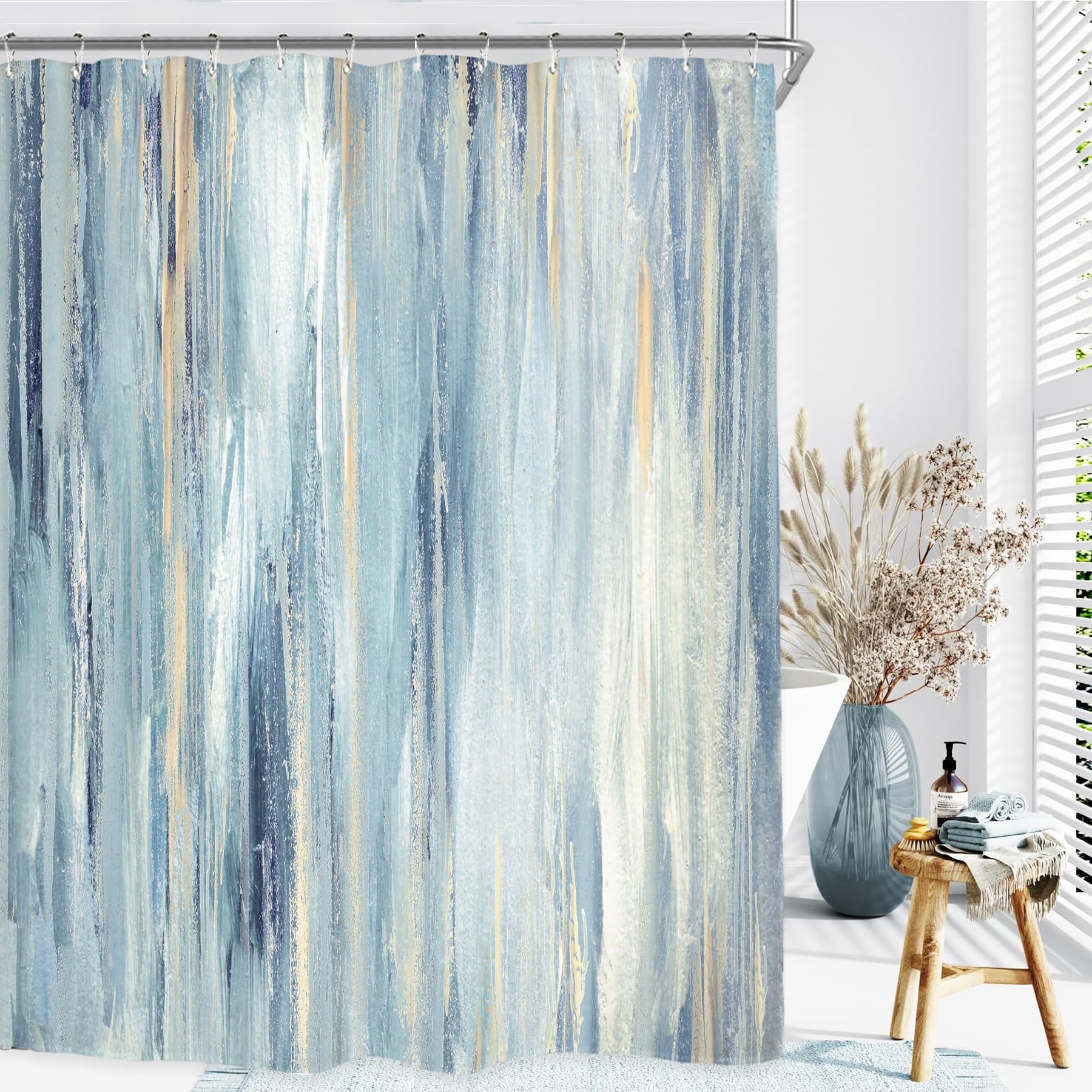 Miyotaa Blue Gray Abstract Shower Curtain Set 60Wx71H Inches Ombre Modern Aesthetic Striped Contemporary Minimalist Neutral Pain