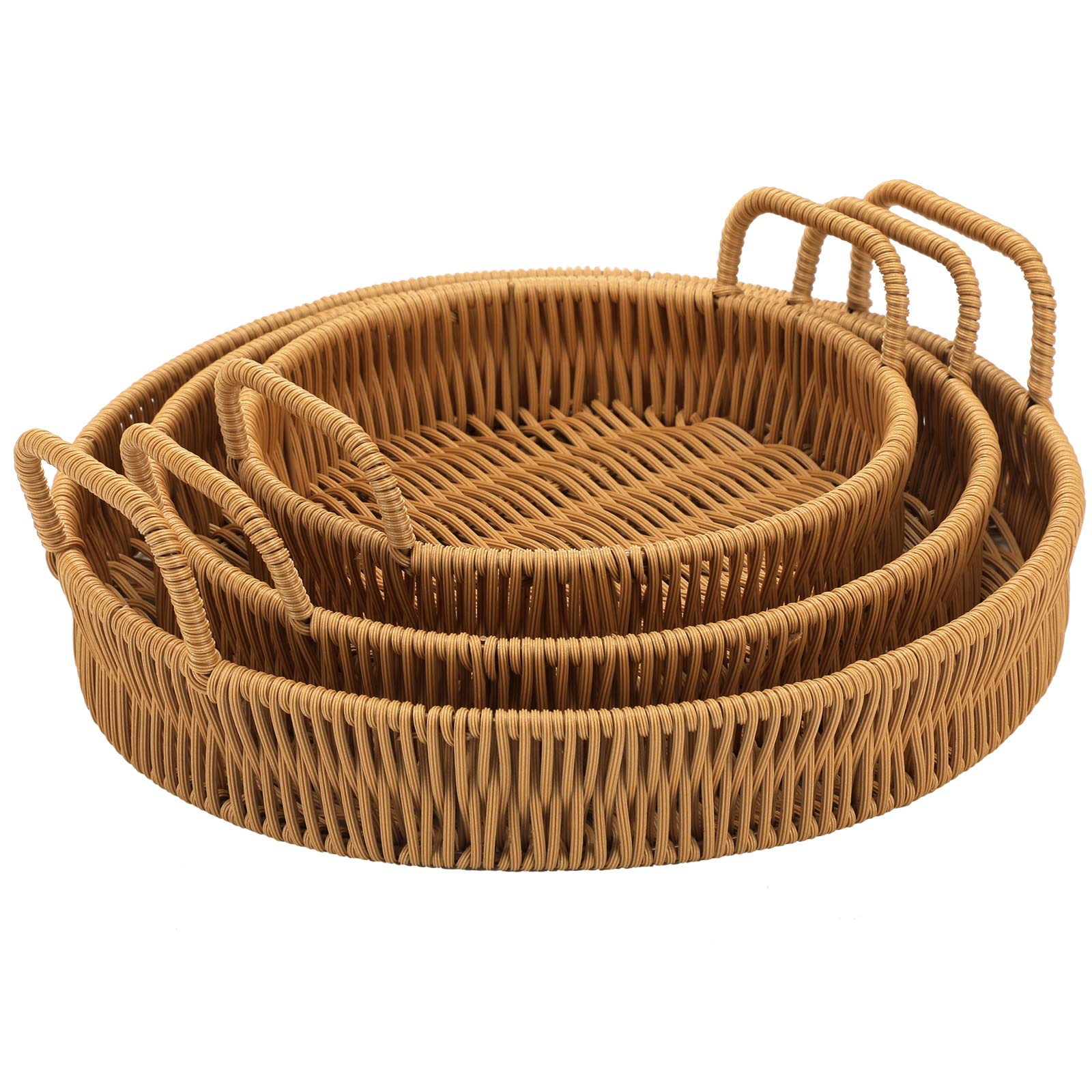 Ferraycle 3 Pcs Rattan Serving Tray With Handles Woven Wicker Tray Round Shallow Rattan Basket Fruit Tray Decor For Serving(Brow